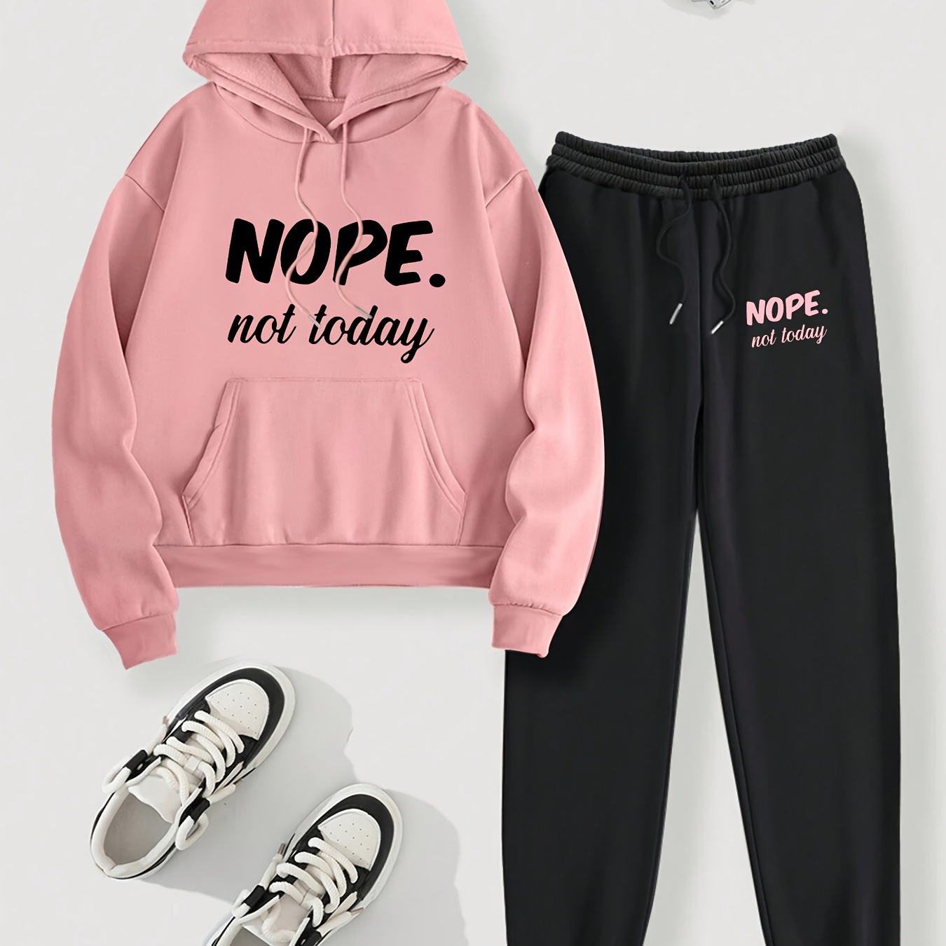 

Women's Plus Size Hoodie And Joggers Set, Pink And Black, Polyester, Letter Print, Fabric, Pocket Detail, Knit Sweatshirt And Pants Outfit