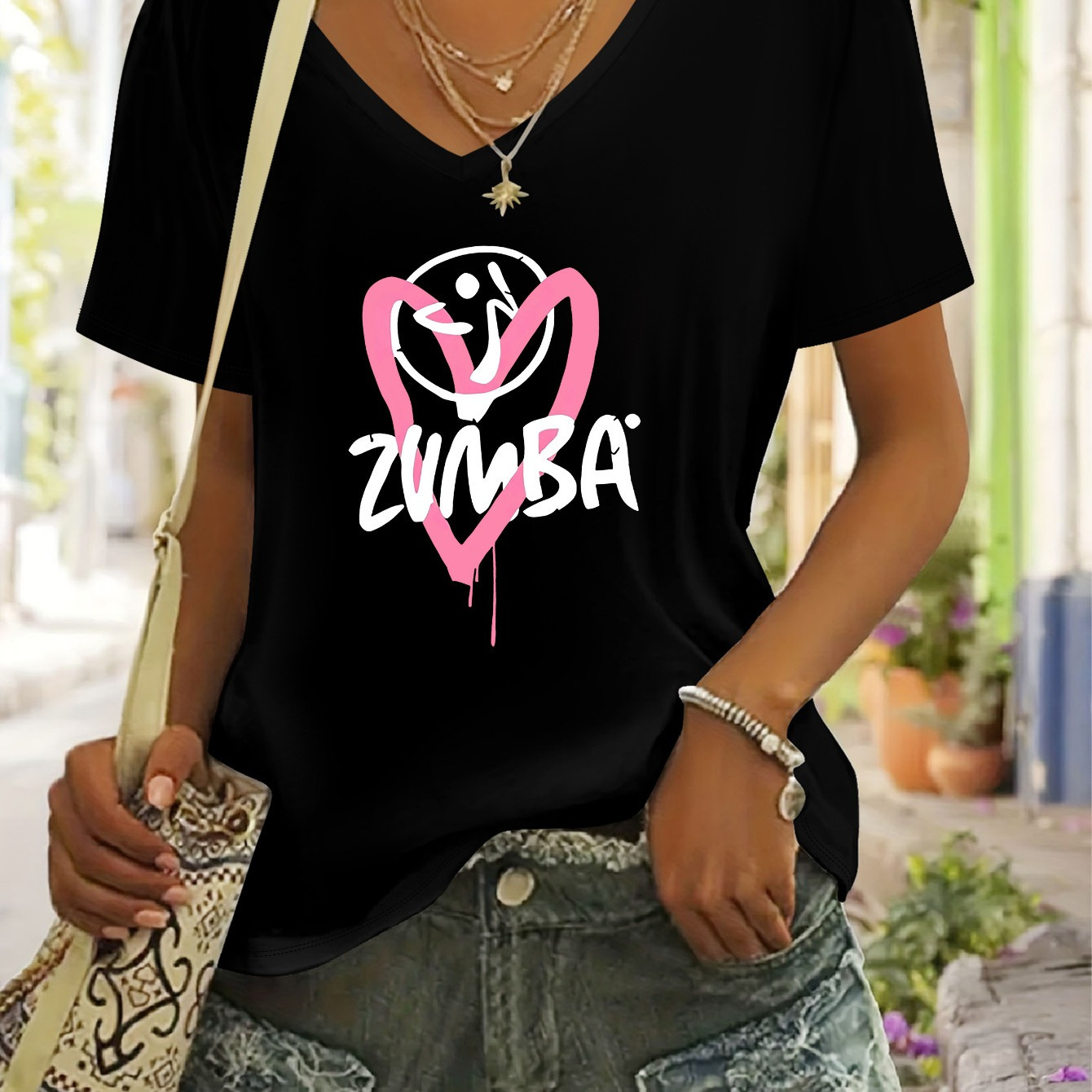 

Heart Print V-neck T-shirt For Women, Casual Polyester Knit Fabric Tee, Short Sleeve Top With Regular Length - 175g/m²