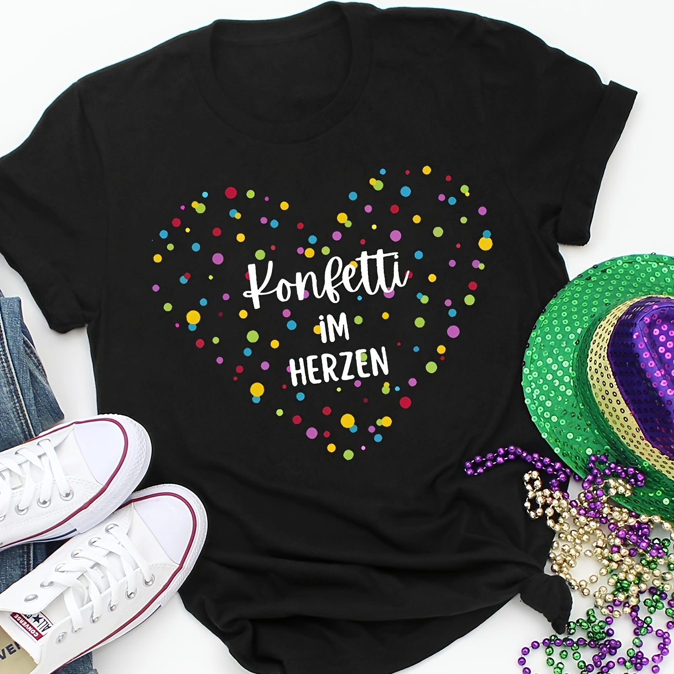 

Mardi Gras Confetti Carnival Heart Print Round Neck Short Sleeve T-shirt For Women