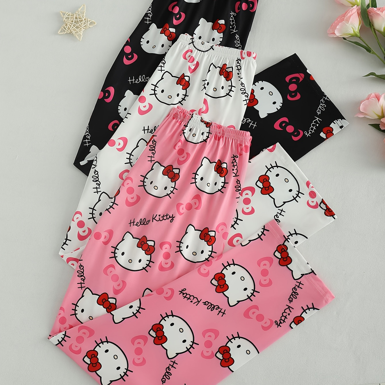 

3pcs Sanrio Hello Kitty Women's Pajama Bottoms - Cute Cartoon Sleepwear, Soft Polyester & Elastane , Non-see-through, Black, White, & Pink With Matching Characters