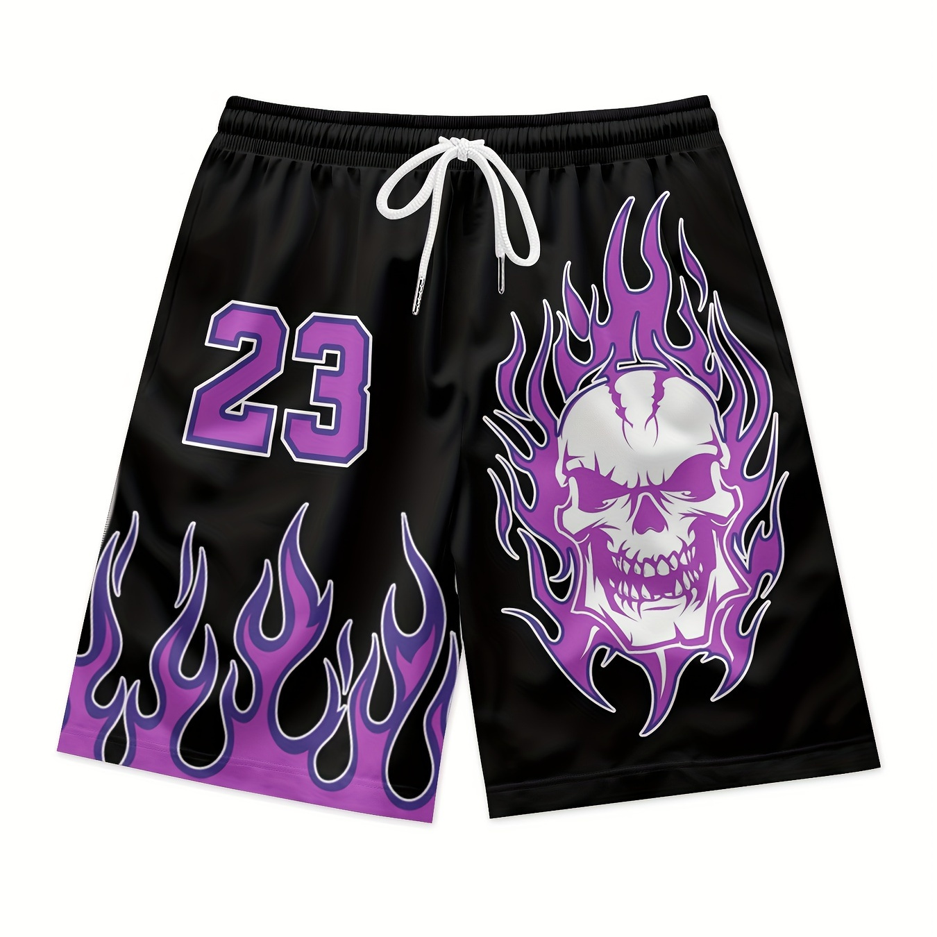 

Purple Flame Skull Print Men's Drawstring Waist Shorts Quick Dry Breathable Polyester Shorts Daily Streetwear Shorts Casual Clothing Bottoms For Men