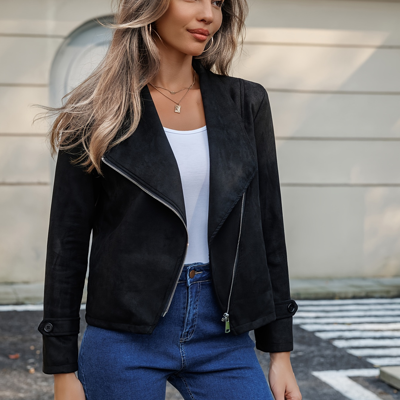 

Veste zippée solide à revers, veste décontractée à manches longues pour le printemps et l'automne, vêtements pour femmes