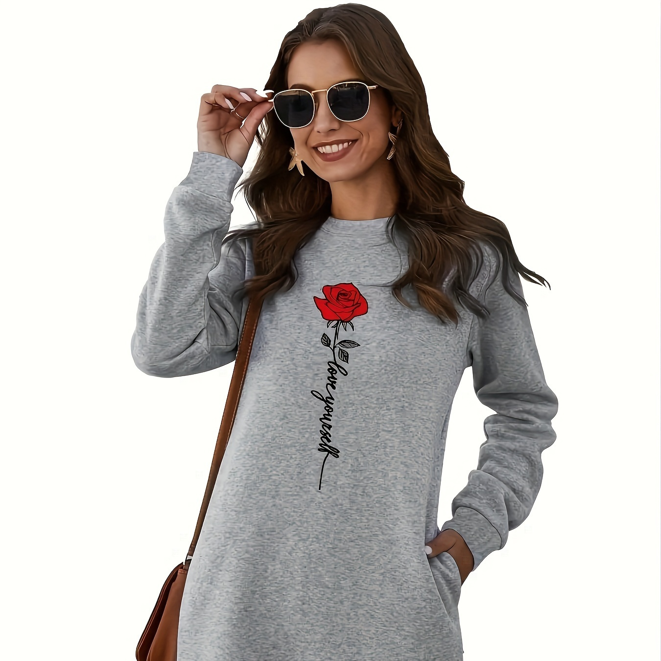 

Rose Print Sweatshirt Dress, Long Sleeve Crew Neck Casual Dress For Winter & Fall, Women's Clothing