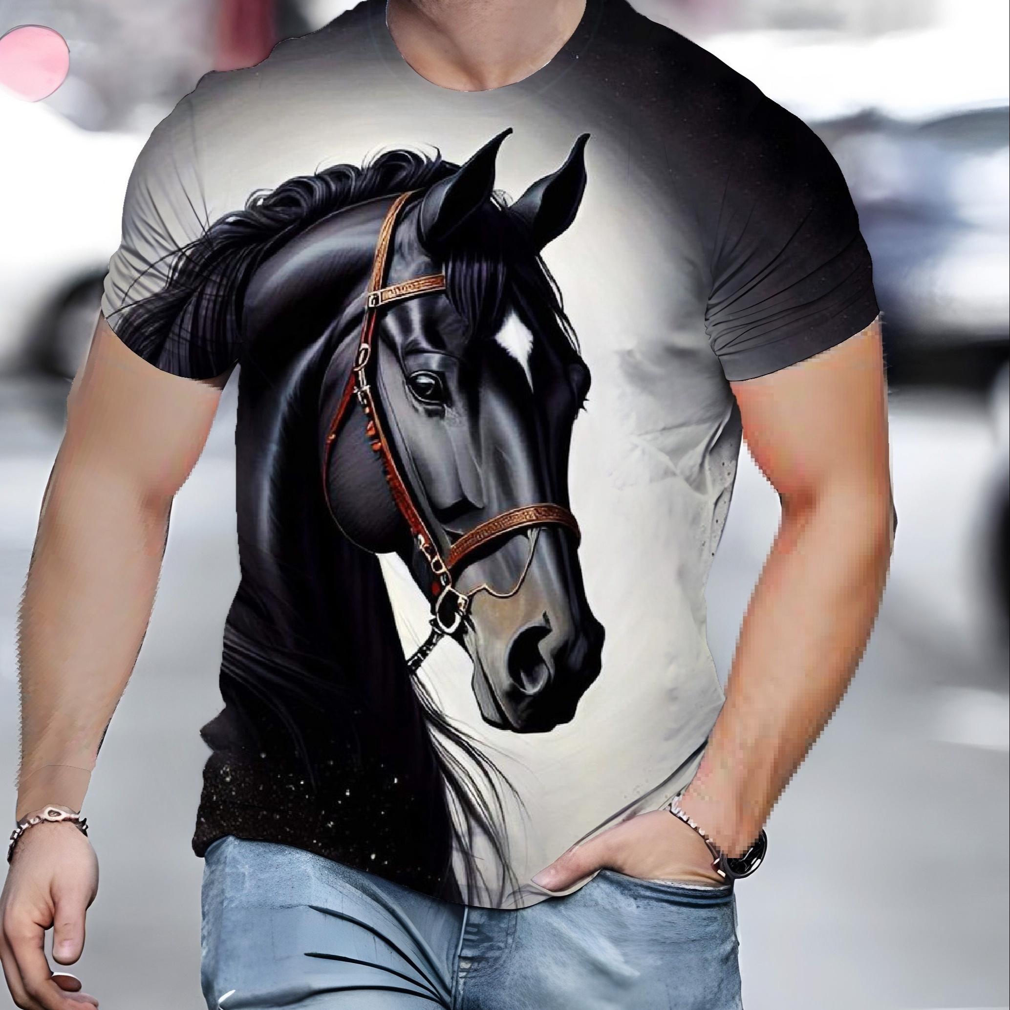 

Men's Horse Graphic Print T-shirt, Casual Short Sleeve Crew Neck Tee, Men's Clothing For Summer Outdoor