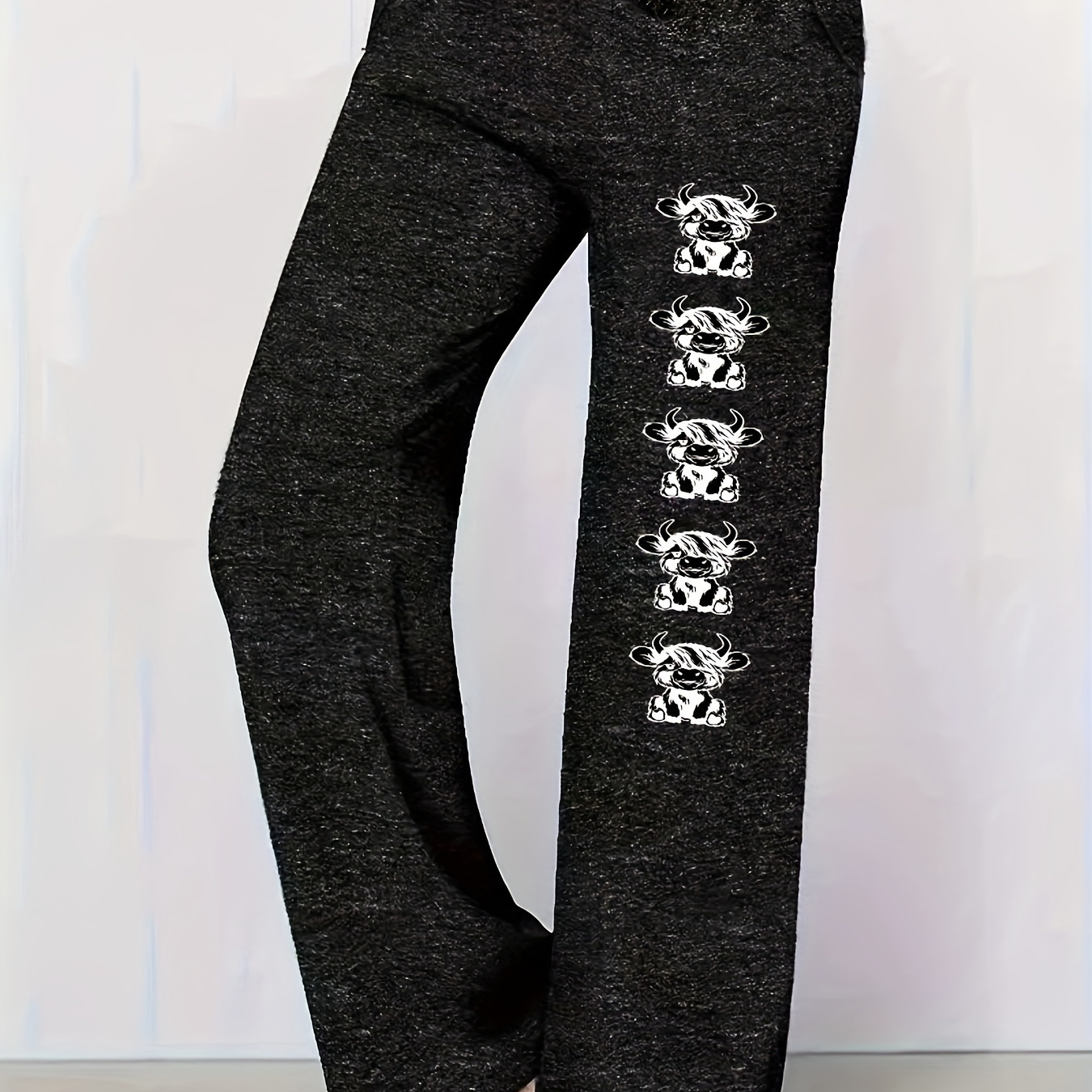 

Women's Casual Drawstring Pants With Cow Print - Comfy Wide Leg, Polyester Knit, Machine Washable