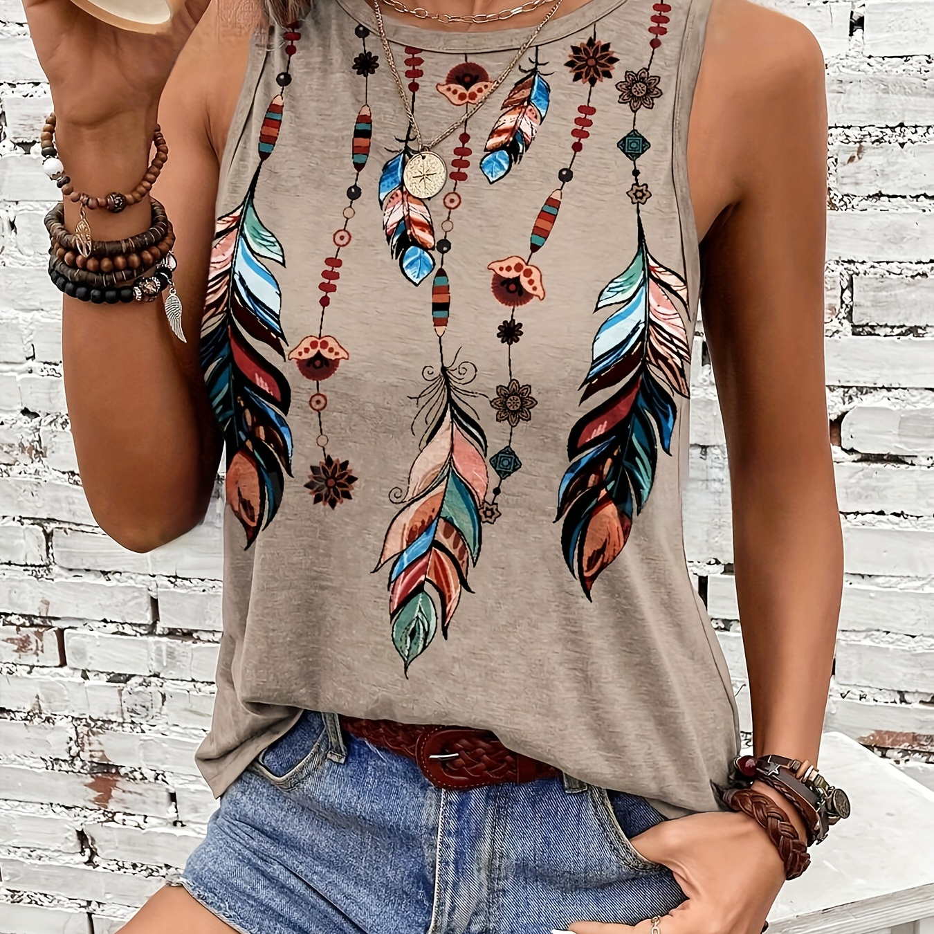 

Feather Print Crew Neck Tank Top, Vintage Sleeveless Tank Top For Summer, Women's Clothing