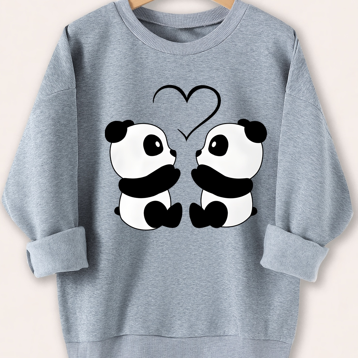 

Women's Crew Neck Panda Heart Print Sweatshirt, Casual Long Sleeve Knitted Polyester Pullover, Fall/winter Stretch Regular Fit - Asian