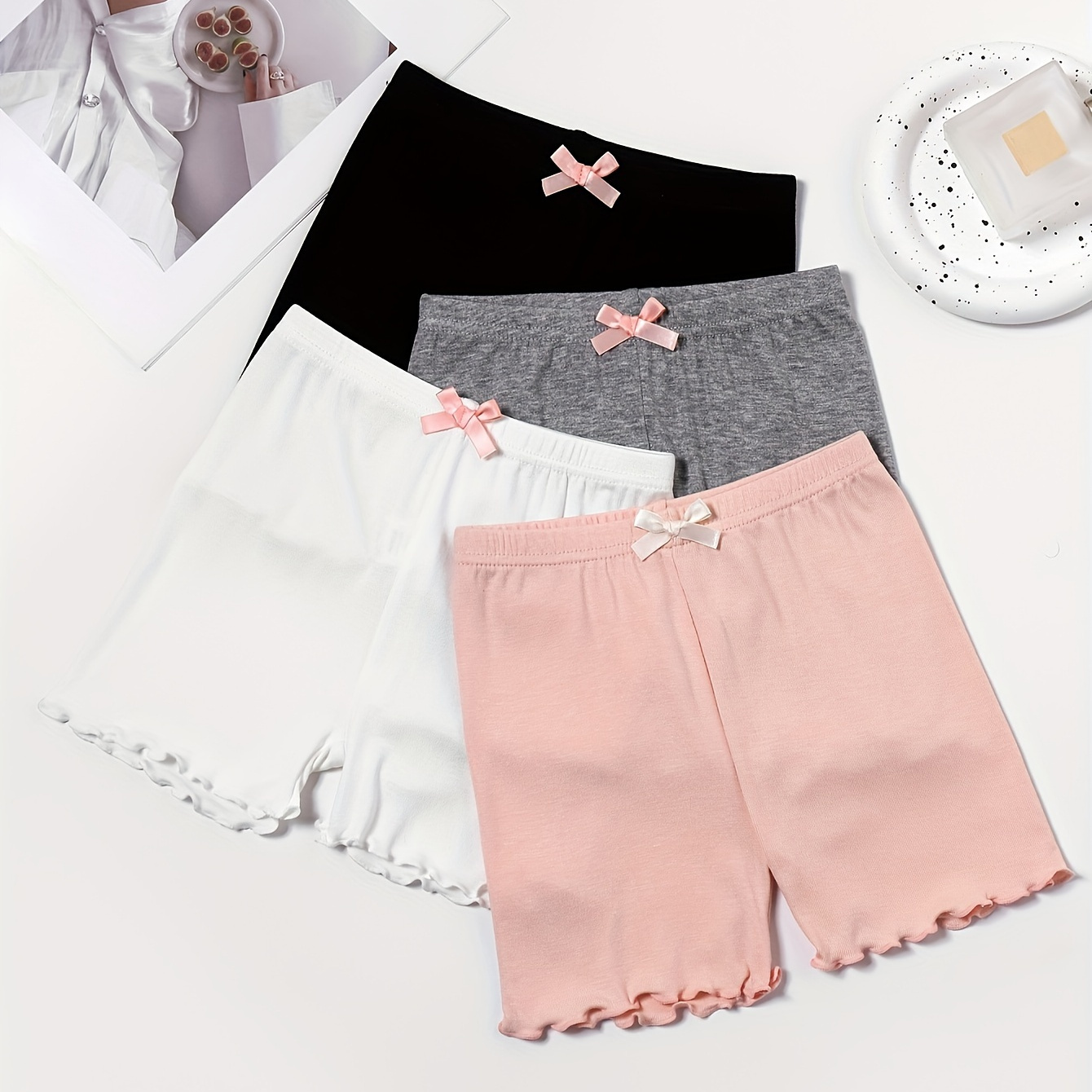 

4pcs Girls Safe Pants, Little Girls Solid Color Bow Decor Leggings, Boxer Shorts Summer Breathable Comfy Underwear For Girls