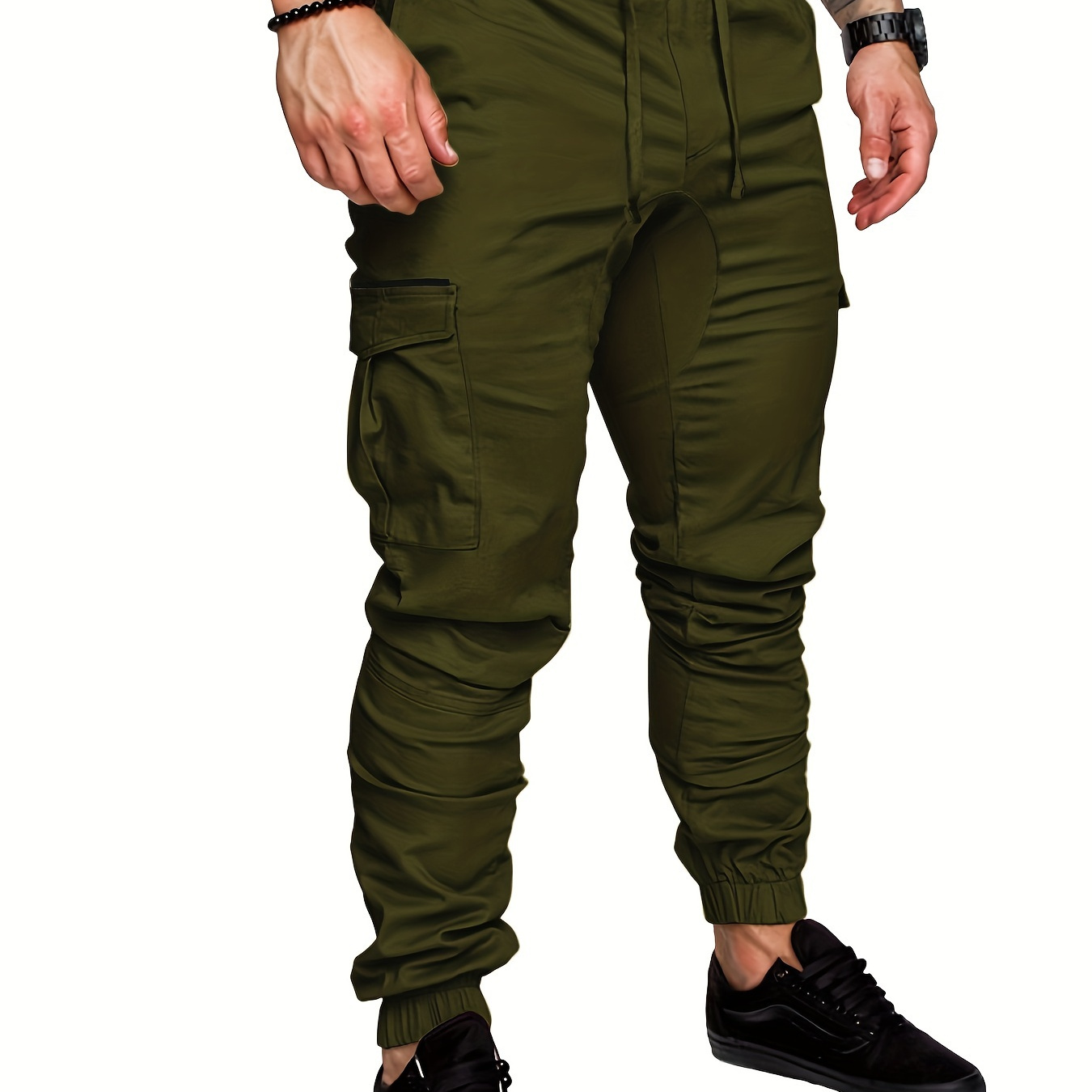 

Casual Side Flap Pockets Drawstring Woven Joggers, Men's Cargo Pants For Spring Fall Outdoor