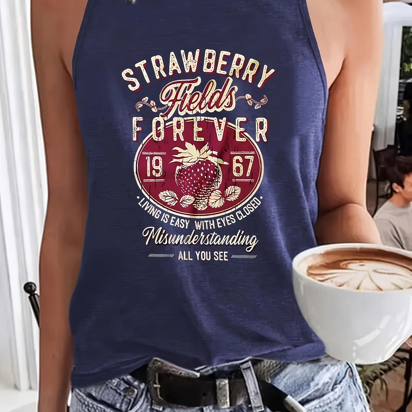 

Plus Size Strawberry Print Tank Top, Casual Sleeveless Crew Neck Top For Summer & Spring, Women's Plus Size Clothing