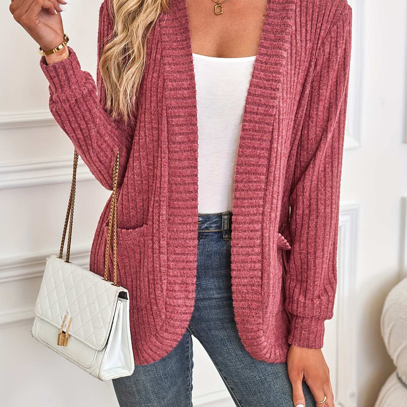 

Solid Open Front Pockets Cardigan, Casual Long Sleeve Knit Outwear For Spring & Fall, Women's Clothing