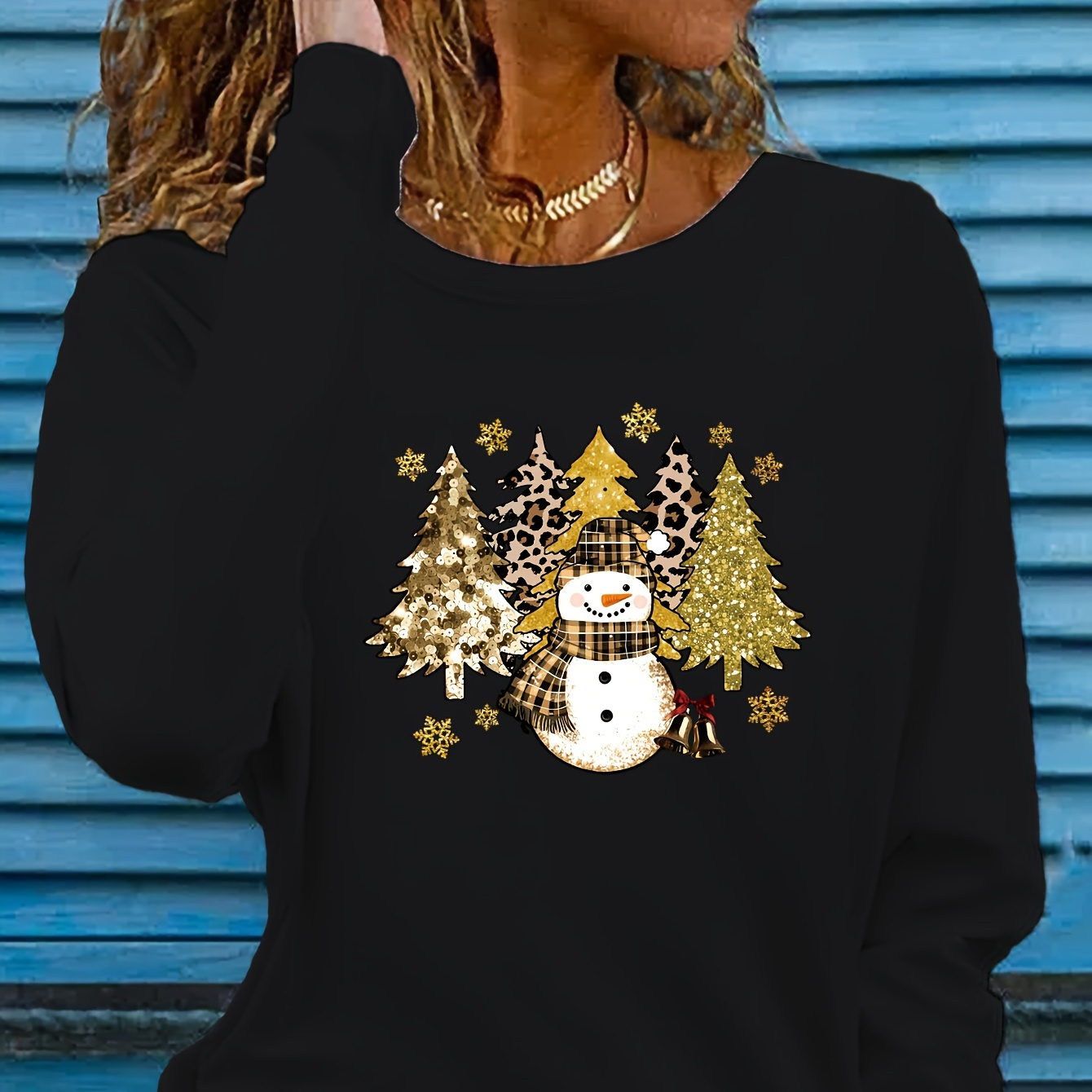 

Women's Christmas Print Long Sleeve T-shirt, Casual Round Neck, Polyester, Regular Fit, Knit Fabric, No Pads, Sleeve Length, Holiday Top For Fall/winter