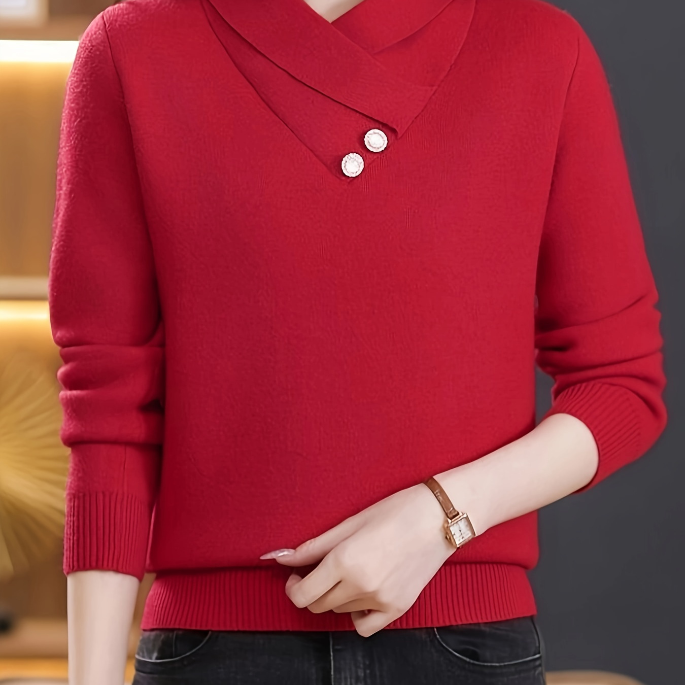 

Women's V-neck Knit Sweater, Solid Color, Casual Loose Fit, Slimming Long Sleeve Top, Viscose, With Buttons, Fashion