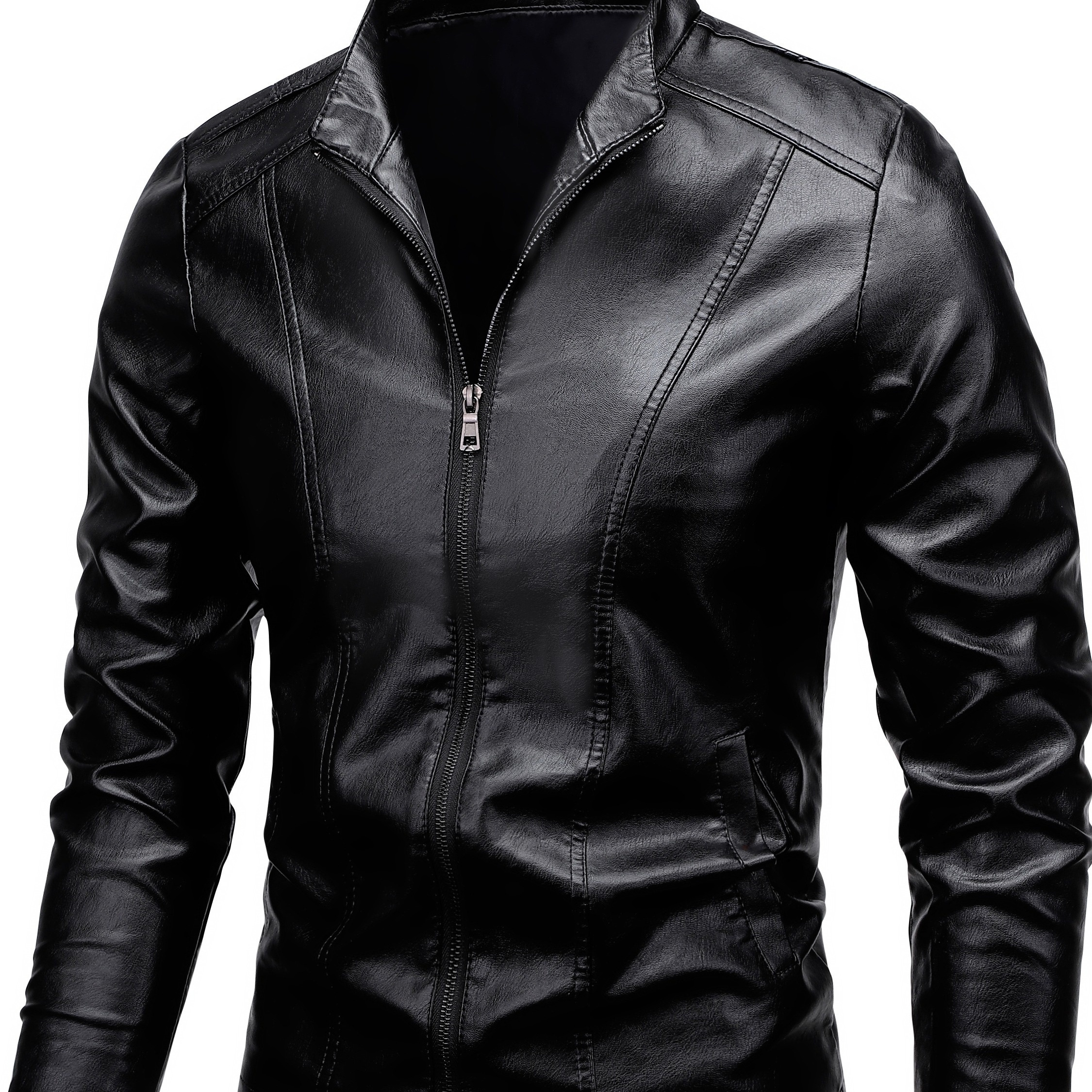 

Men's Solid Pu Leather Zip Up Stand Collar Motorcycle Jacket For Outdoor Wear, Spring And Fall