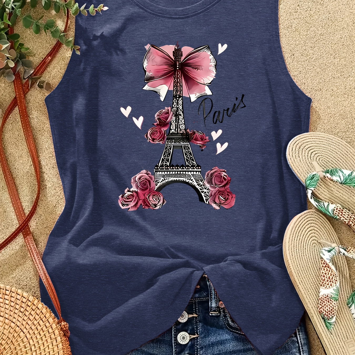 

Paris Print Top For Women - Casual Crew Neck, Sleeveless, Soft Polyester , Machine Washable