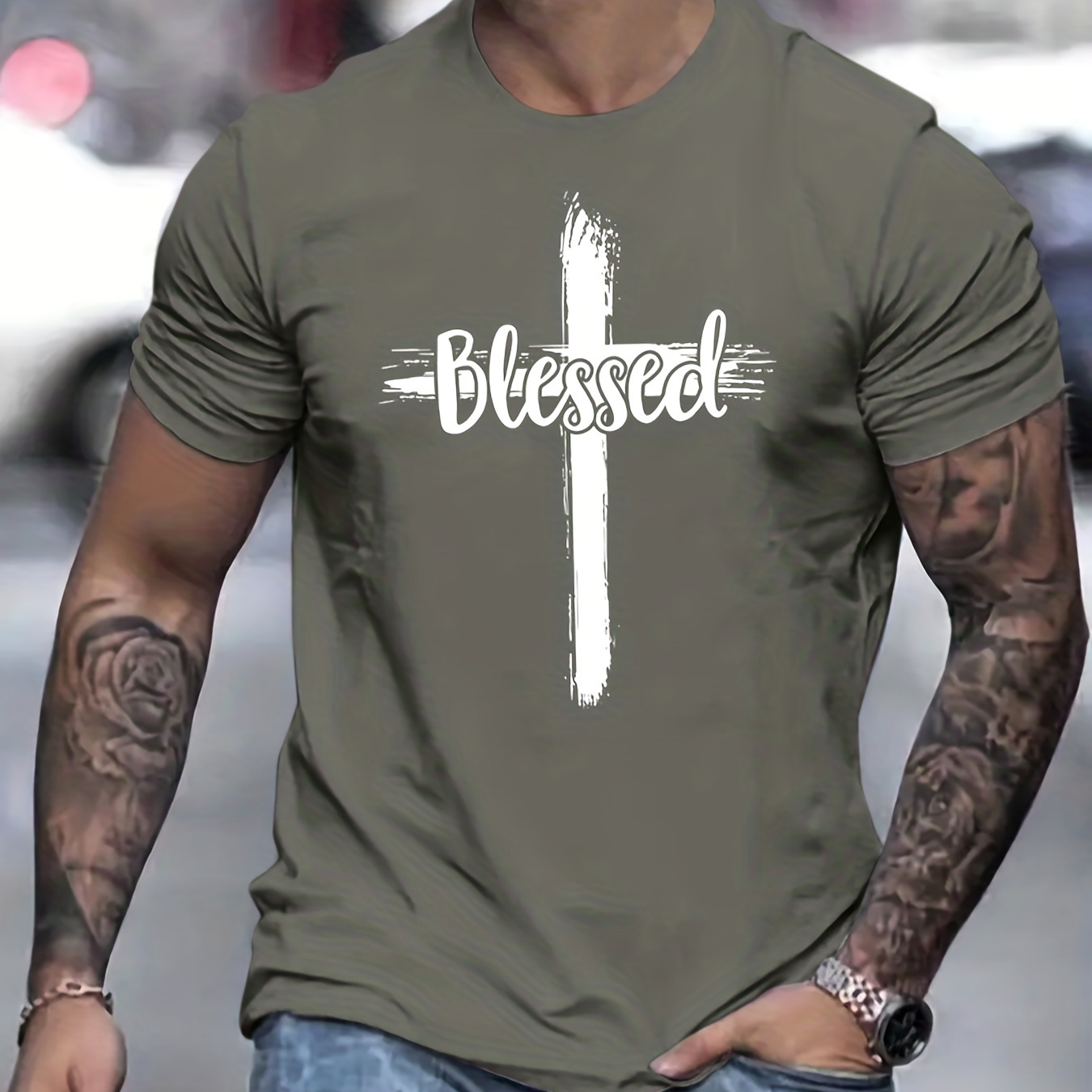 

Cross & Letter "blessed" Pattern Print Men's Comfy T-shirt, Graphic Tee Men's Summer Outdoor Clothes, Men's Clothing, Tops For Men