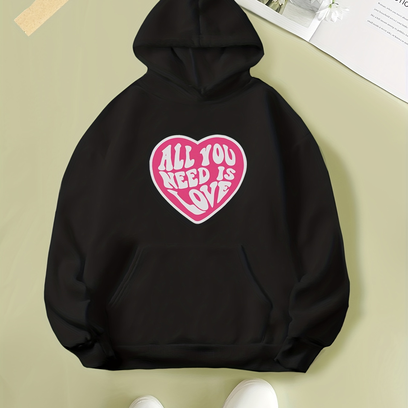 

Heart & Warming Letter Print Hoodie, Cute Drawstring Kangaroo Pocket Hoodies Sweatshirt, Women's Clothing