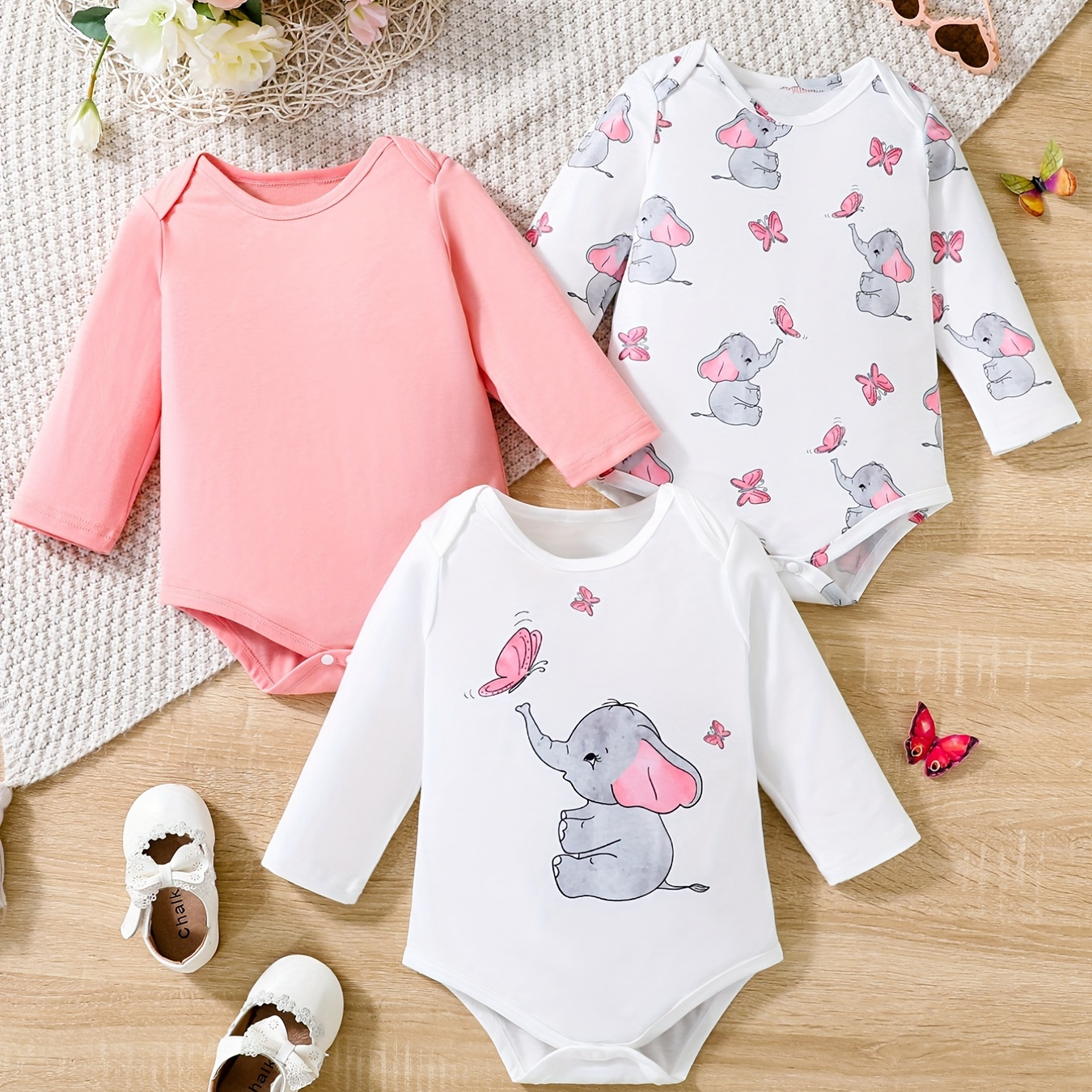 

Baby Girls Long Sleeve Triangle Rompers Set With Elephant Print/solid Styles ( Various Styles Availabe)