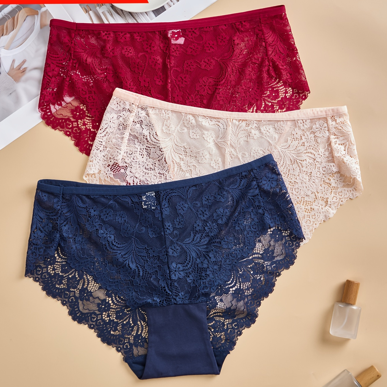 

3pcs Plus Size Elegant Panties, Women's Floral Lace High Waist Soft & Breathable Briefs