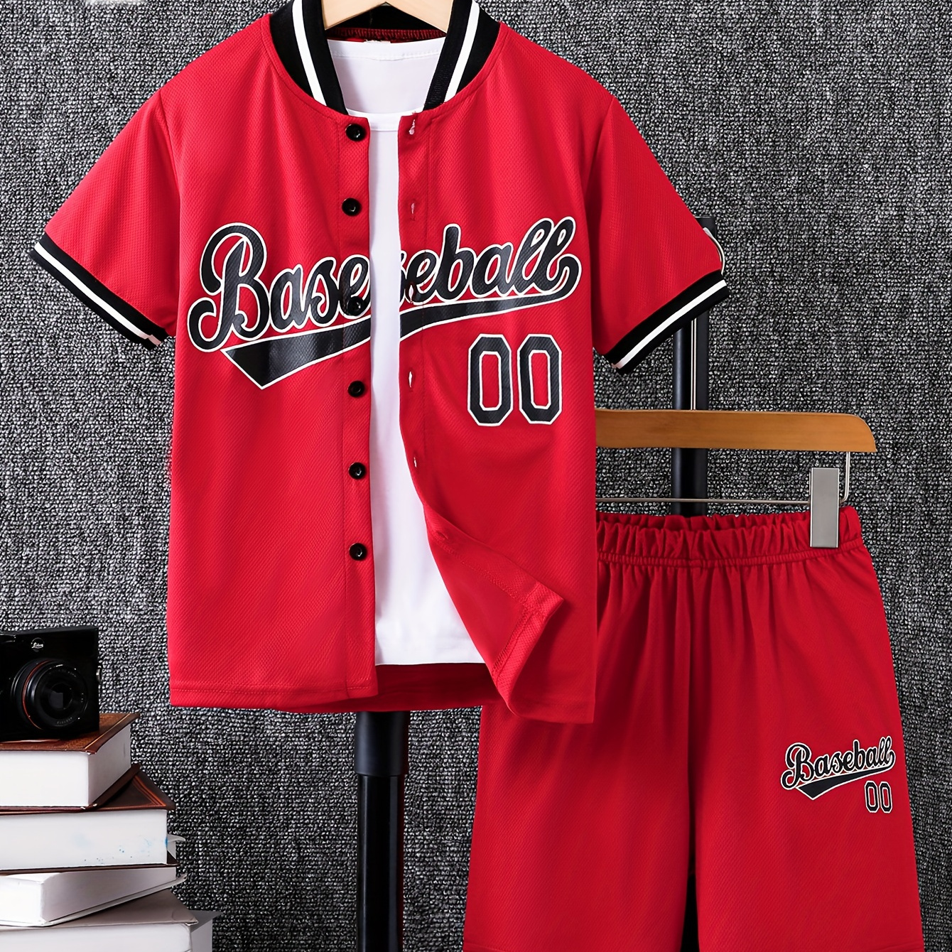 TEMU Boys Summer Outfit, Casual Short Sleeve Baseball Jersey And Shorts Set With Letter Print, Red And Black