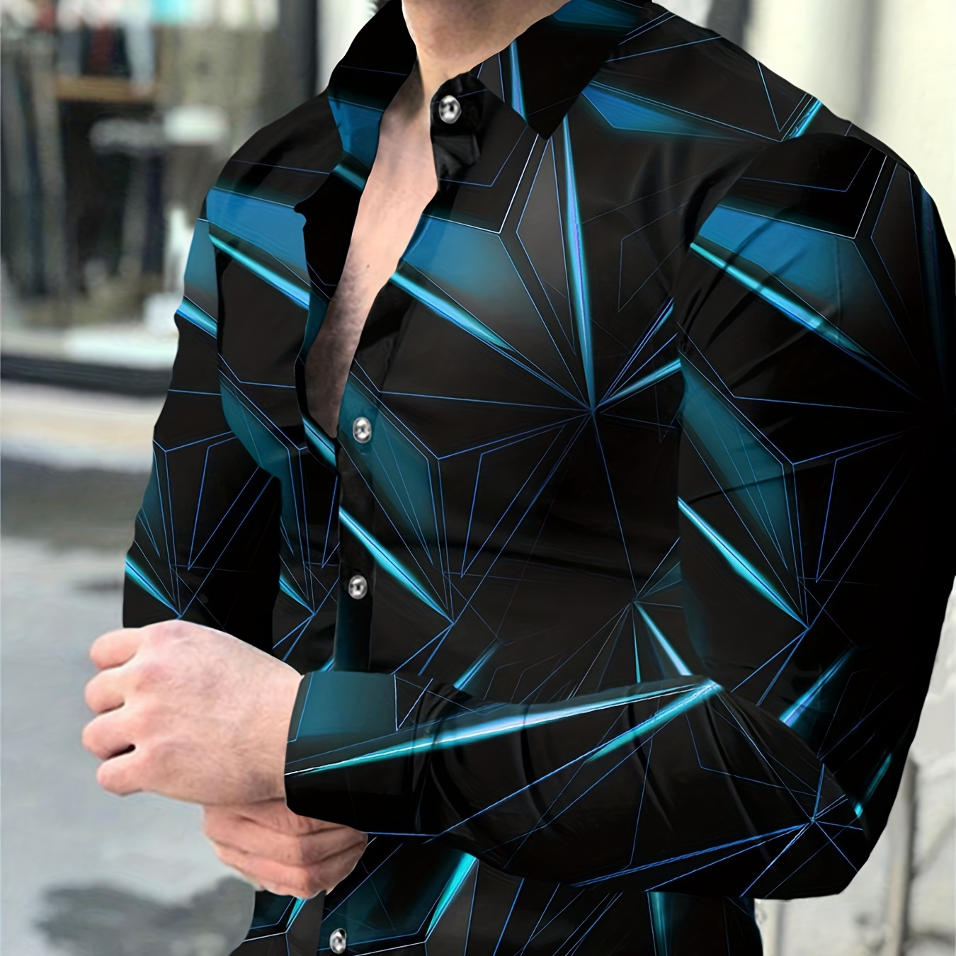 

Geometric Print Men's Chic Comfy Long Sleeve Lapel Shirt, Outdoor