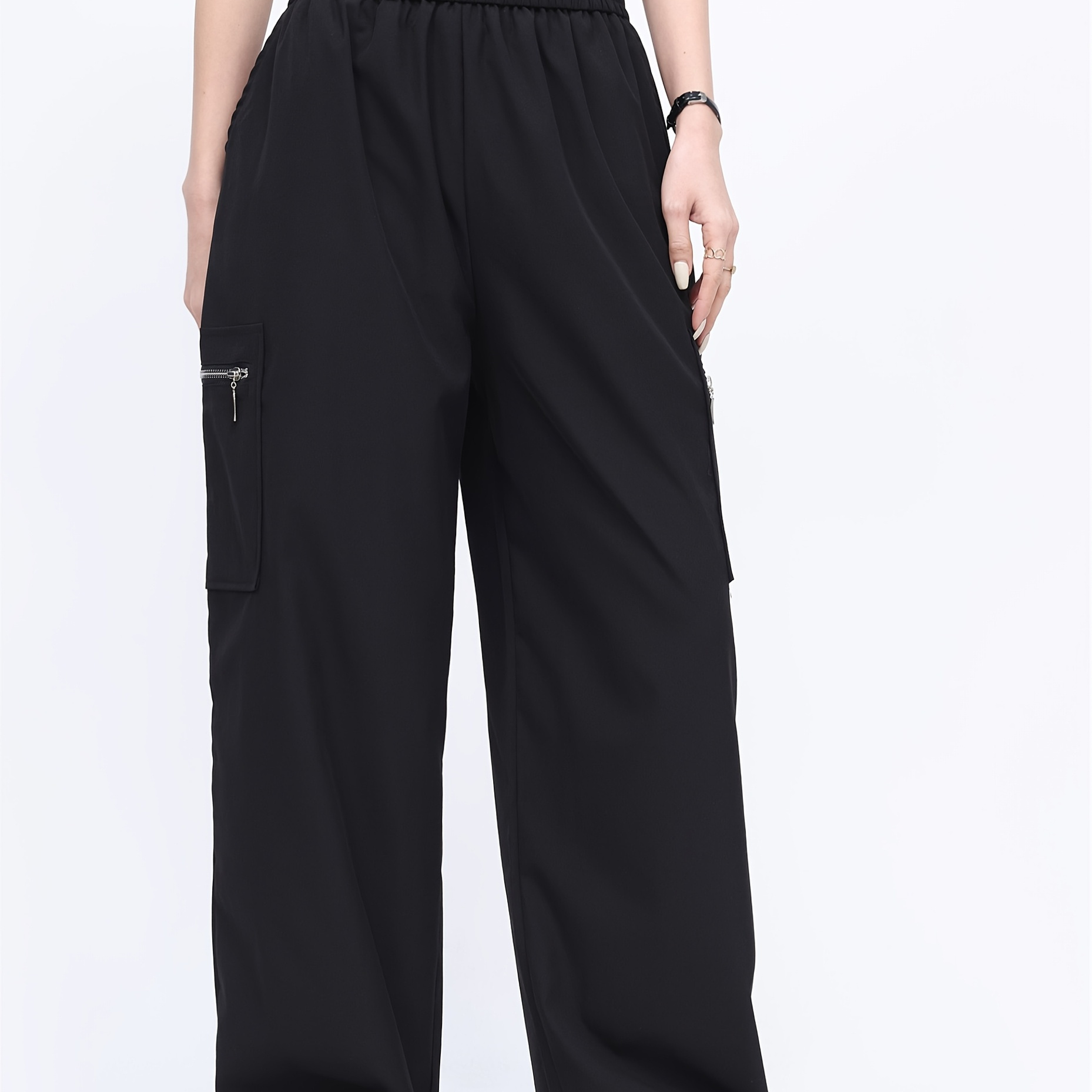 

Pantalon droit à poche zippée Y2K, pantalon cargo décontracté en polyester à taille élastique pour et l'été, vêtements pour femmes