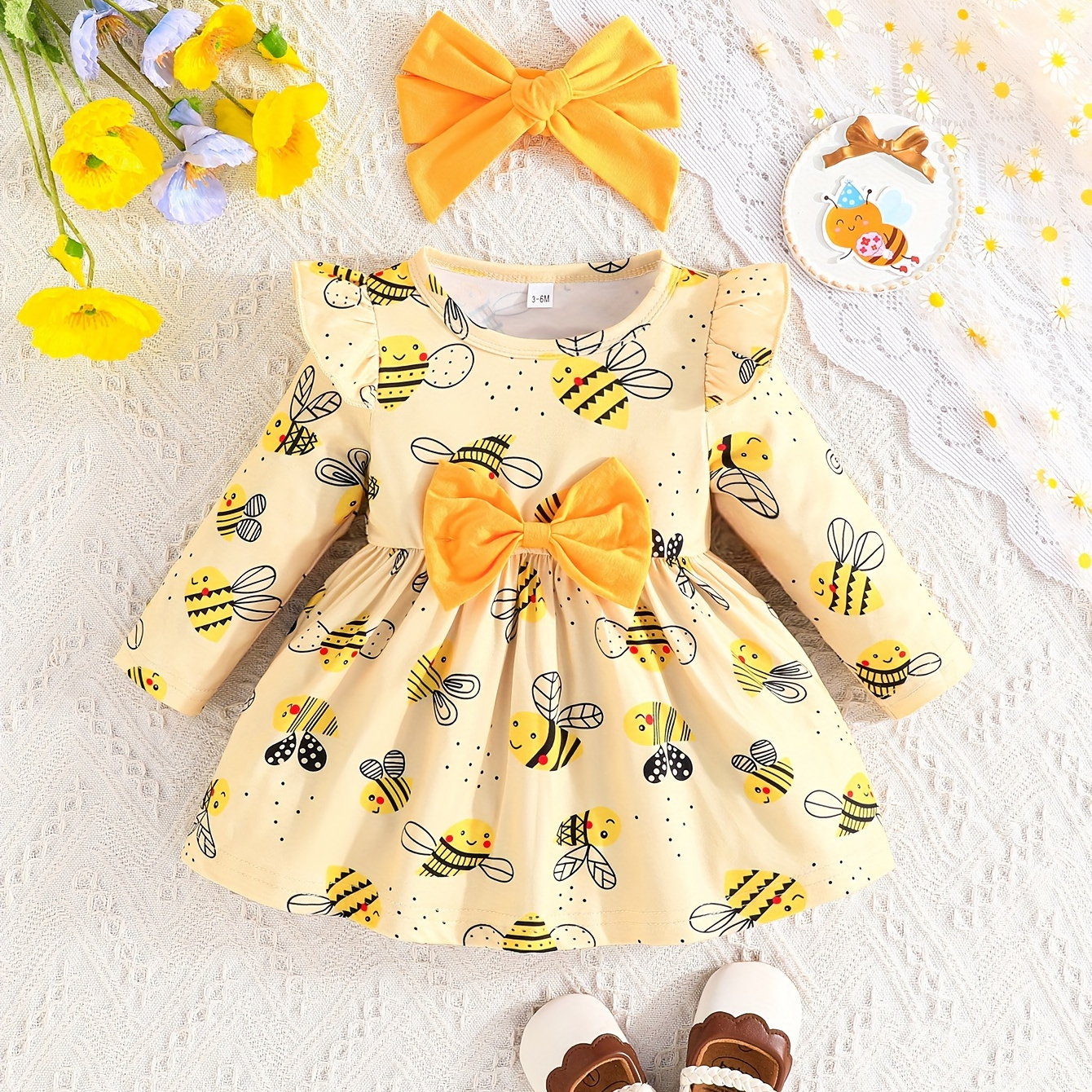 

Baby's Casual Bow Decor Cartoon Bee Pattern Long Sleeve Dress + Hairband, Infant & Toddler Girl's Dress For Daily Wear/holiday/party, As Gift