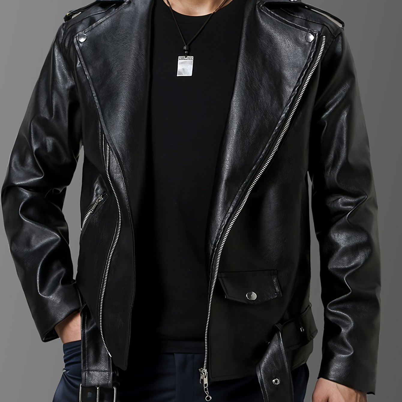 

Men's Pu Leather Jacket With Zippered Pockets, Men's Stylish Zip Up Motorcycle Jacket For Autumn & Winter