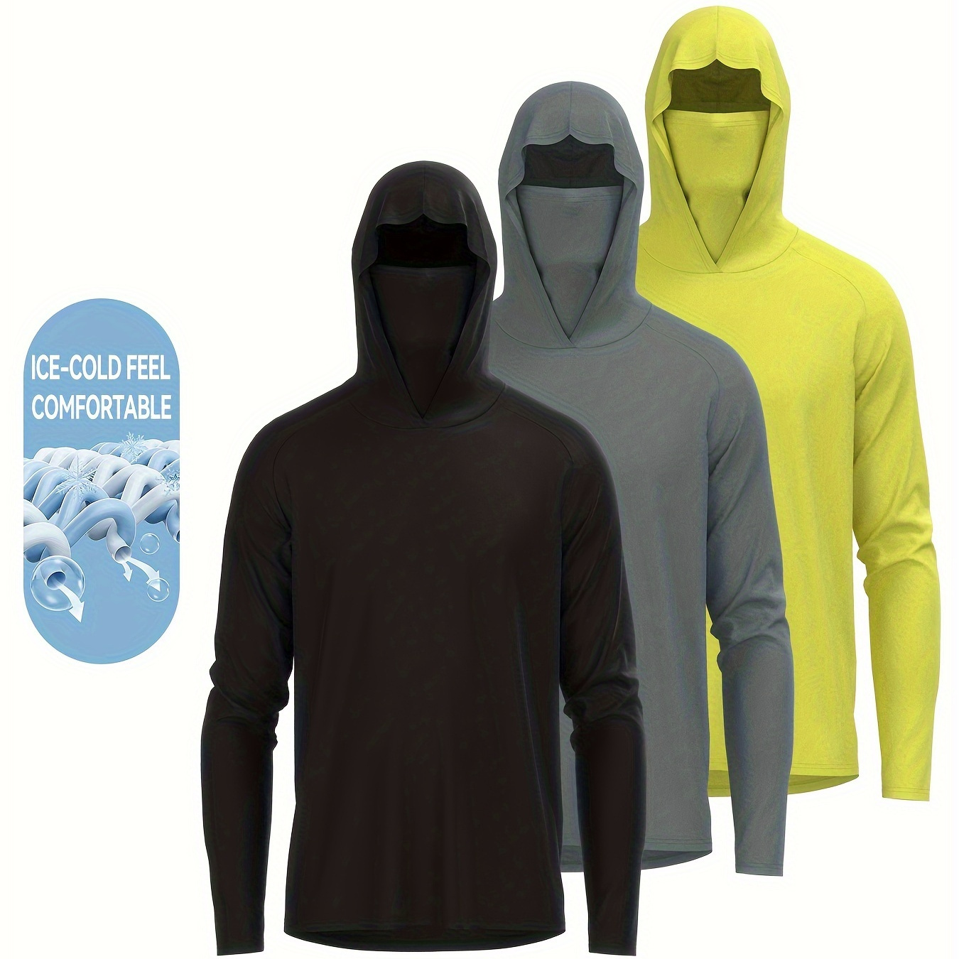 

3 Pcs Men's Solid Sun Protection Hooded Shirt With Mask, Active Long Sleeve High Stretch Rash Guard For Fishing Hiking Outdoor