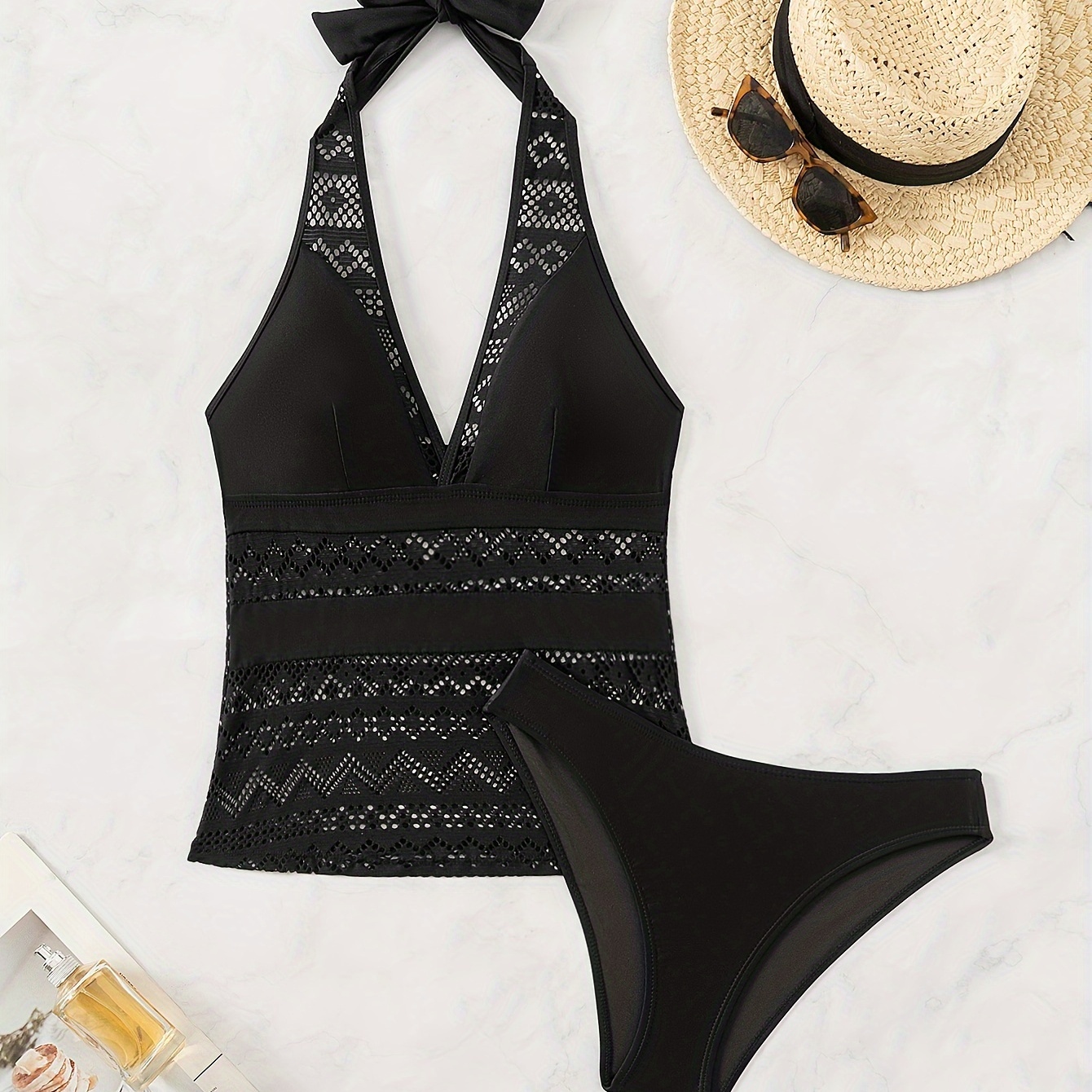 

Hollow Out Solid Black Color Halter Tie Neck Backless Ruched 2 Piece Set Tankini, Swimsuits, Women's Swimwear & Clothing