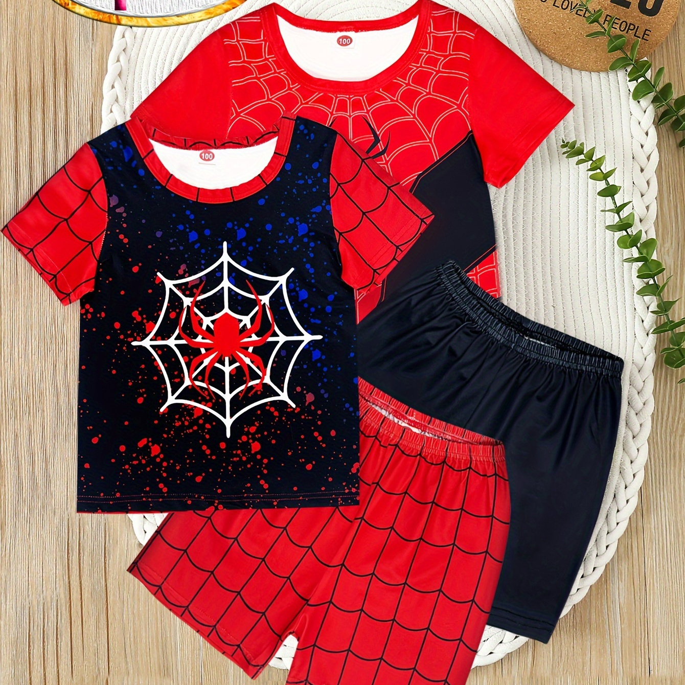 

4pcs Boys Sibling Pajamas 2 Sets, Fashion Cartoon Spider Print Short Sleeve Pullover Top + Shorts Pajamas, Casual Style, Cute Spring/summer Home Outfit