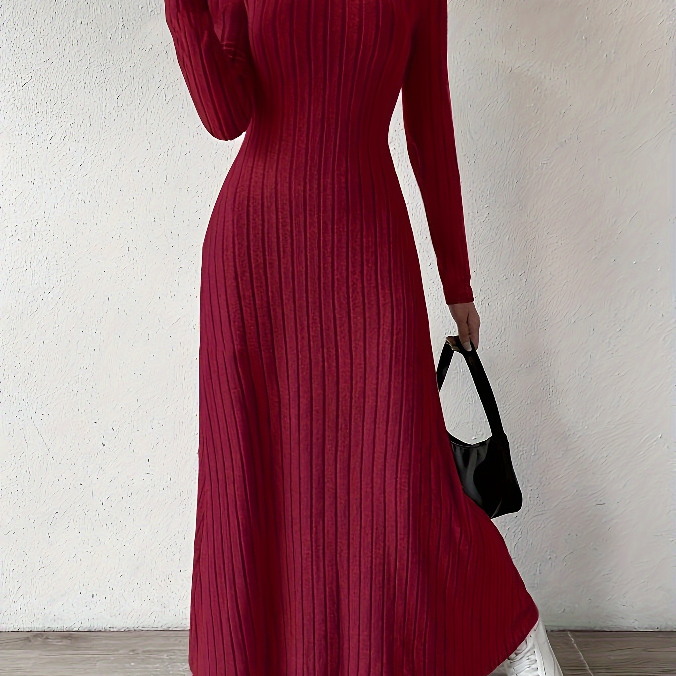 

Elegant Solid Color V-neck Knit Long Sleeve A-line Dress - Ribbed Texture, Machine Washable, Polyester - Chic Middle Eastern Style For Fall, Elegant Long Sleeve Knit Dress