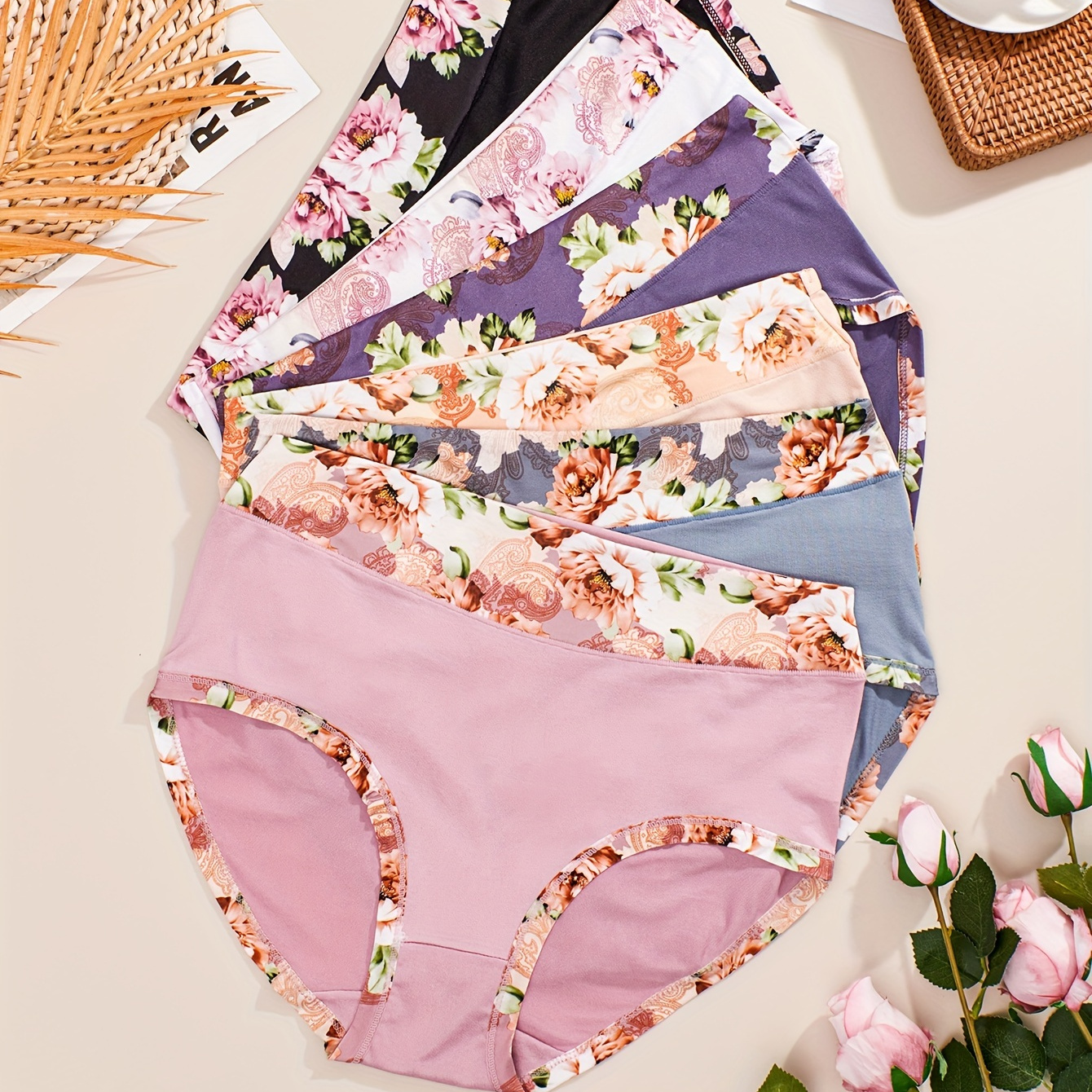 

6pcs Plus Size Elegant Panties, Women's Floral Print High Stretch Soft & Briefs