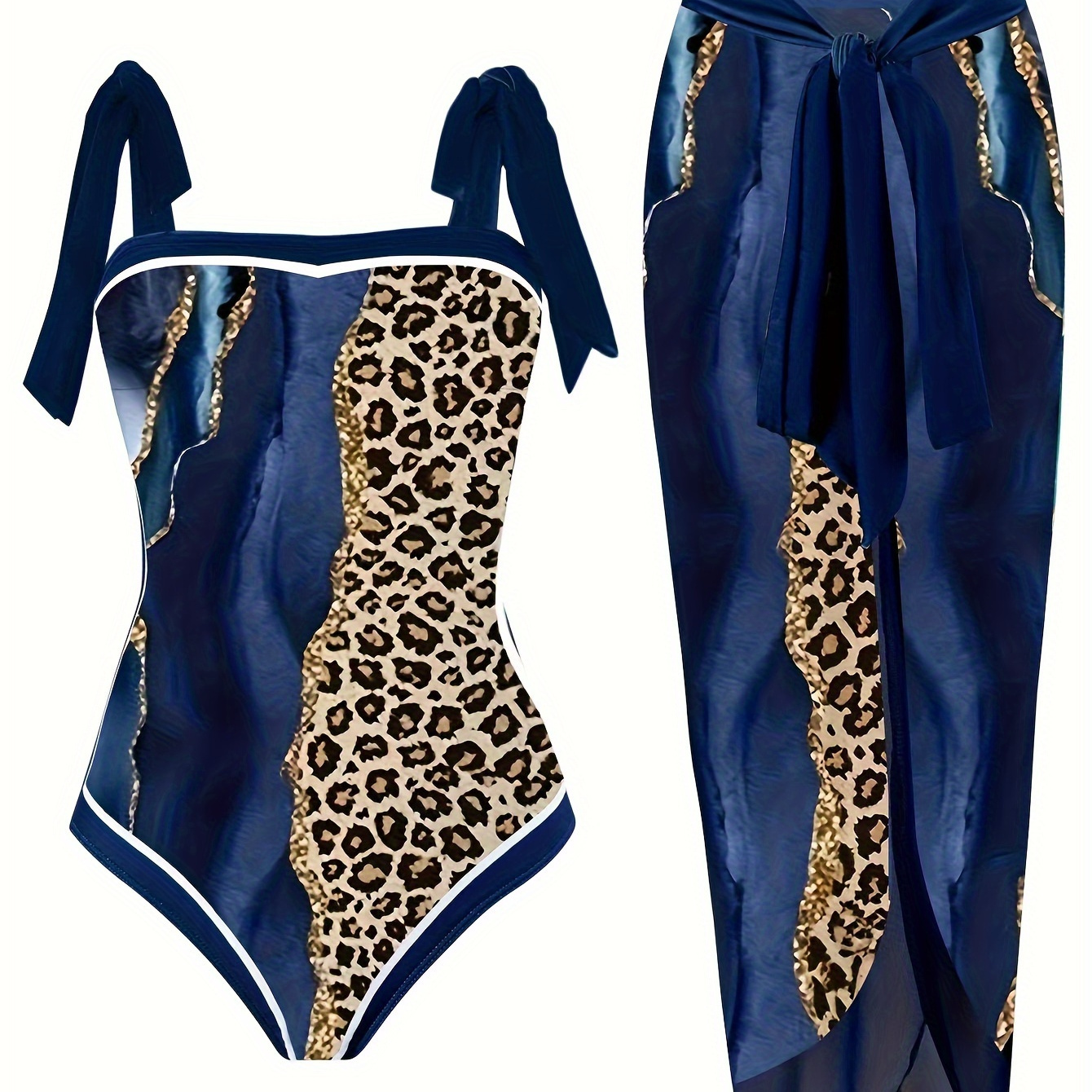 

Plus Size Elegant Swimsuit Set, Women's Plus Glitter Marble & Leopard Print Tie Shoulder 1 Piece Swimsuit & Bow Side Cover Up Skirt Bathing Suit 2 Piece Set
