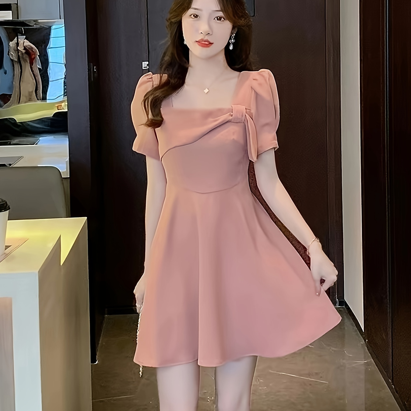 

Square Neck Ruffle Hem Dress, Elegant Puff Sleeve Solid Color Dress For Spring & Summer, Women's Clothing
