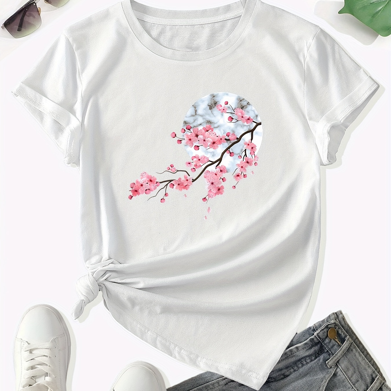 

Floral Print Crew Neck T-shirt, Casual Short Sleeve T-shirt For Spring & Summer, Women's Clothing