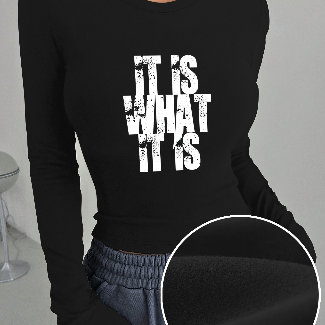 

Elegant Crew Neck Long Sleeve T-shirt With ' What ' Print - Polyester & Spandex , Medium Stretch Knit, Applique Detail, Pullover For Fall/winter