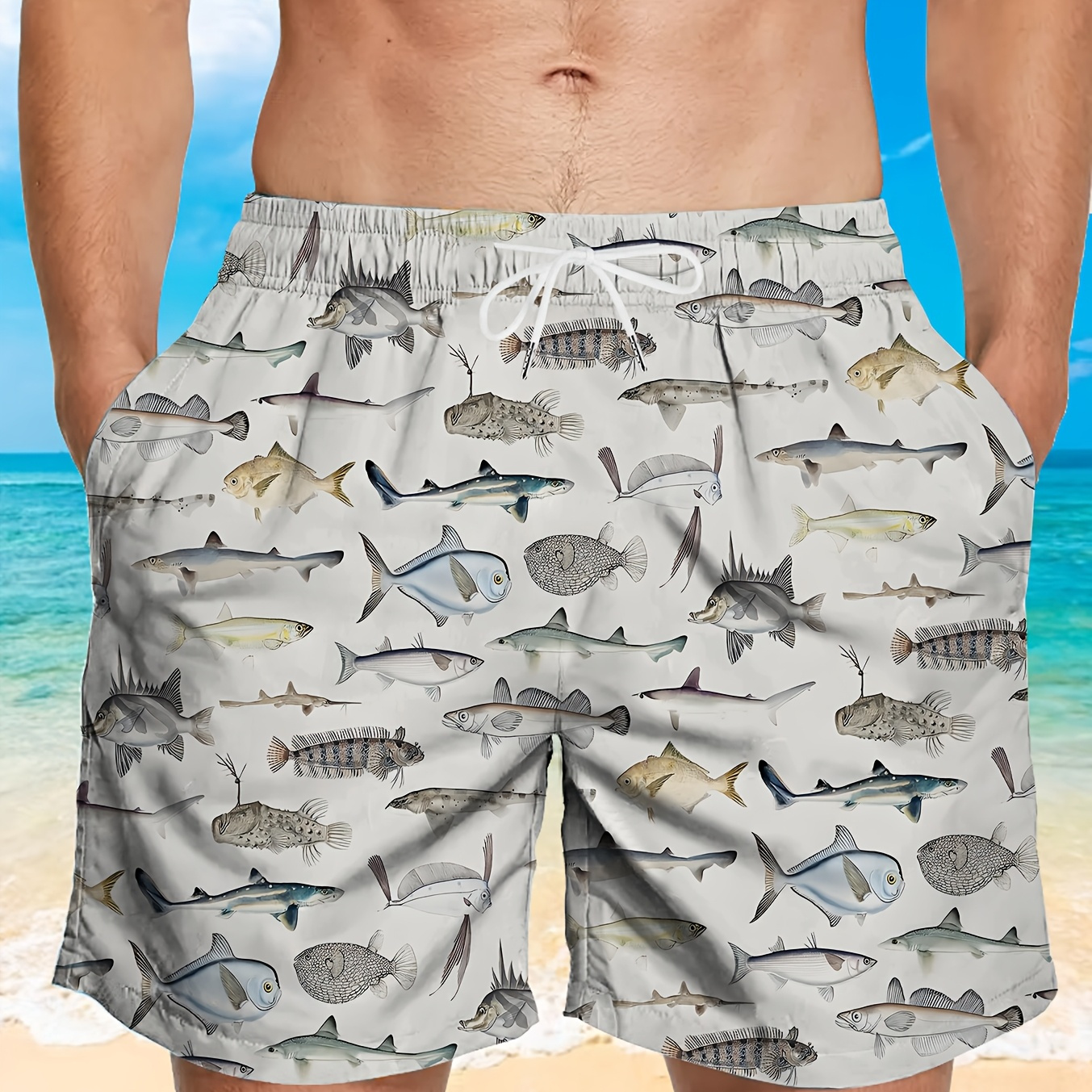 

Poolside Ready, Men's Quick-dry Swim Shorts With Drawstring & Pockets - Casual Fish Print, Polyester