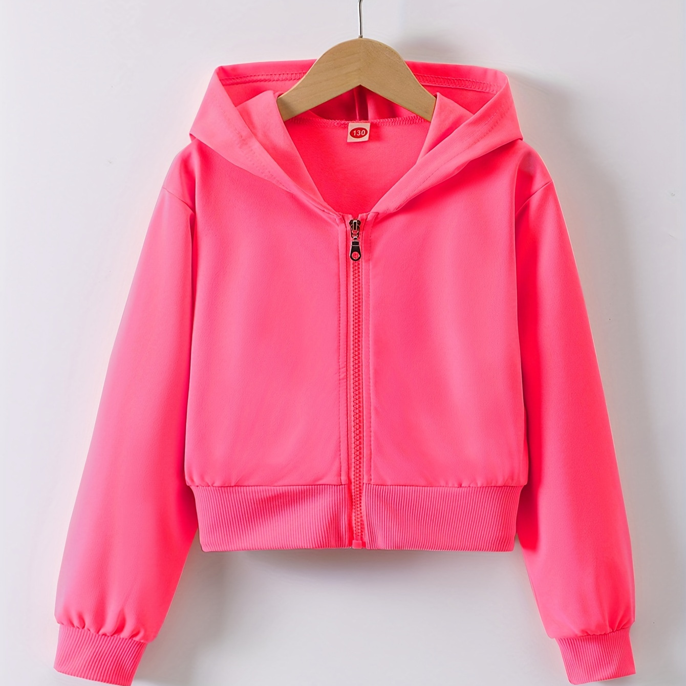 

Plain Color Girl's Casual Zip-up Hoodie Jacket Cropped Length, Girls Outerwear For Spring/fall
