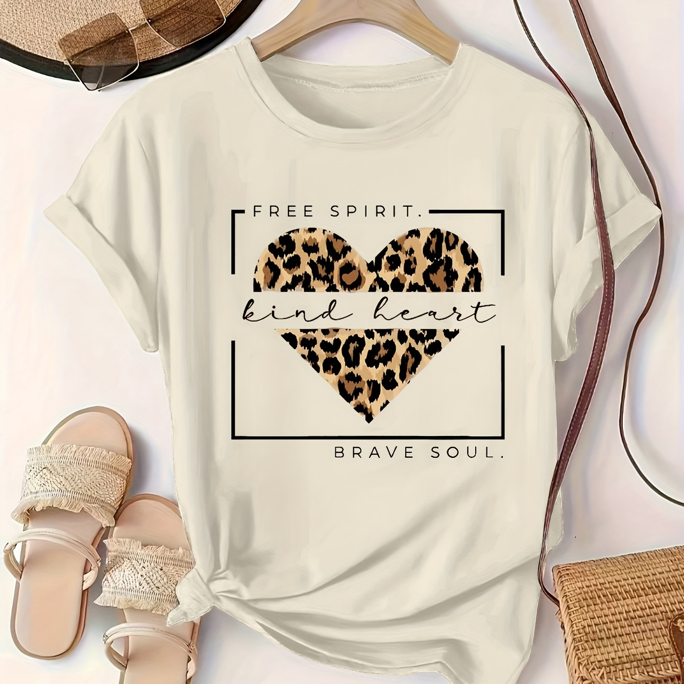 

Leopard Heart Graphic Tee - Soft & Lightweight Casual Round Neck Short Sleeve T-shirt In Beige, Rayon Blend, Machine Washable - Summer, Leopard Print Shirt