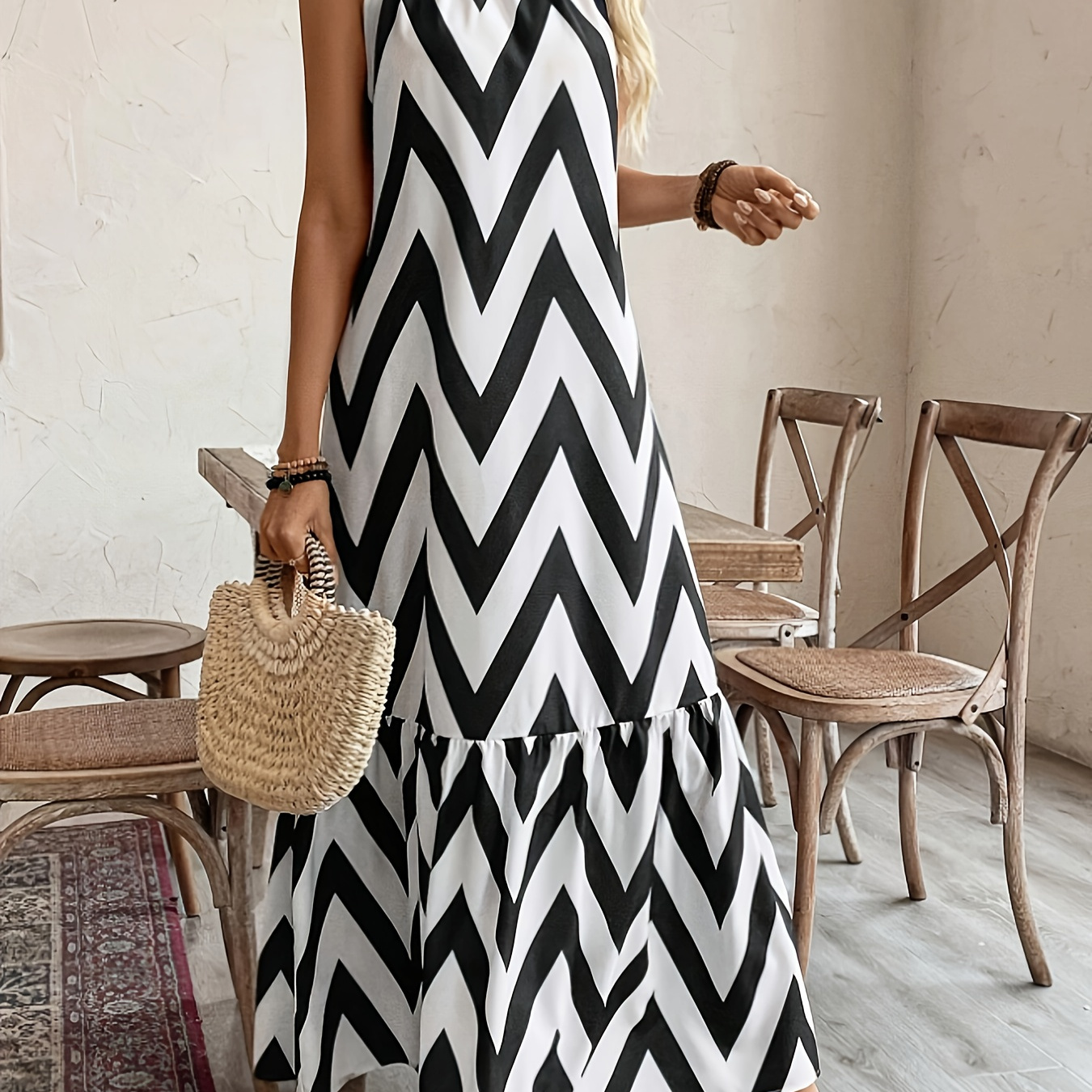 elegant women's black and white chevron maxi dress with ruffle hem - sleeveless, flowy a- for beach vacation, spring/summer fashion, a-line dress | Check Out Today's Deals Now | Temu United Kingdom elegant women's black and white chevron maxi dress with ruffle hem - sleeveless, flowy a- for beach vacation, spring/summer fashion, a-line dress | Check Out Today's Deals Now | Temu United Kingdom