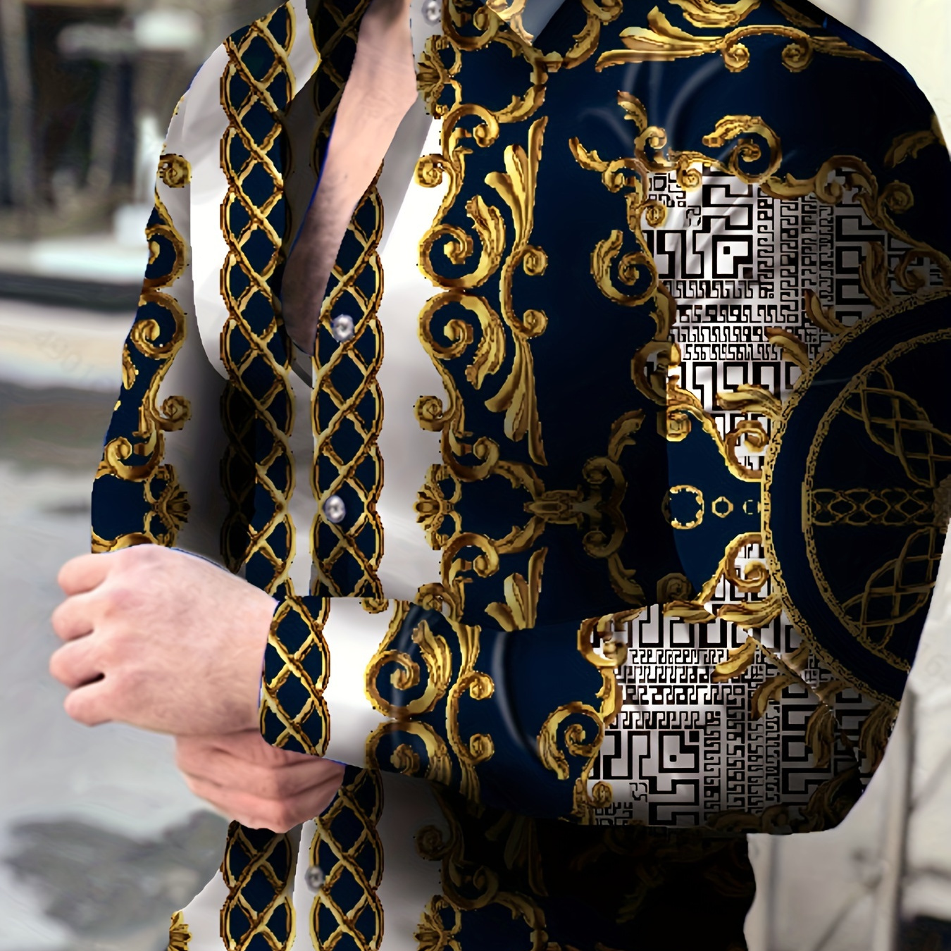 

Chemise à manches longues et à revers boutonné à motif graphique de style vintage pour homme, haut chic et élégant pour les banquets de printemps et d'automne et les tenues de soirée