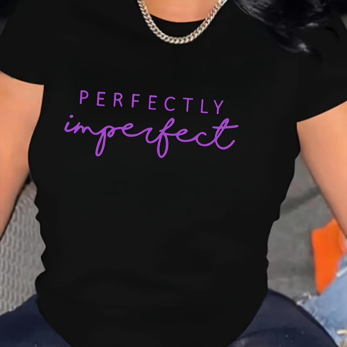 

Perfectly & Imperfect Letter Graphic Crew Neck Sports T-shirt, Short Sleeves Workout Tops, Women's Activewear