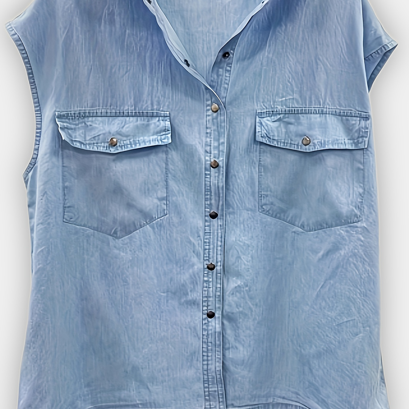 

Plus Size Plain Light Washed Blue Flap Pocket Sleeveless Casual Denim Shirts Top, Women's Denim Jeans & Clothing