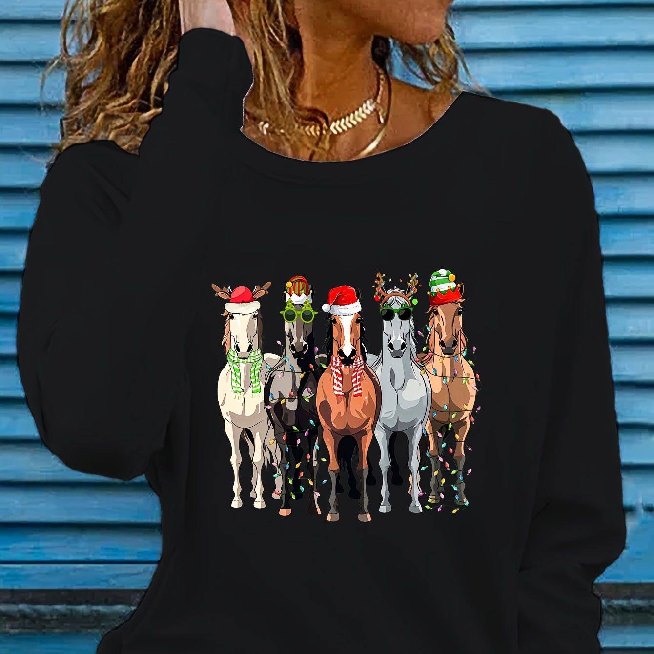 

Horse Print T-shirt, Long Sleeve Crew Neck Casual Top For Spring & Fall, Women's Clothing