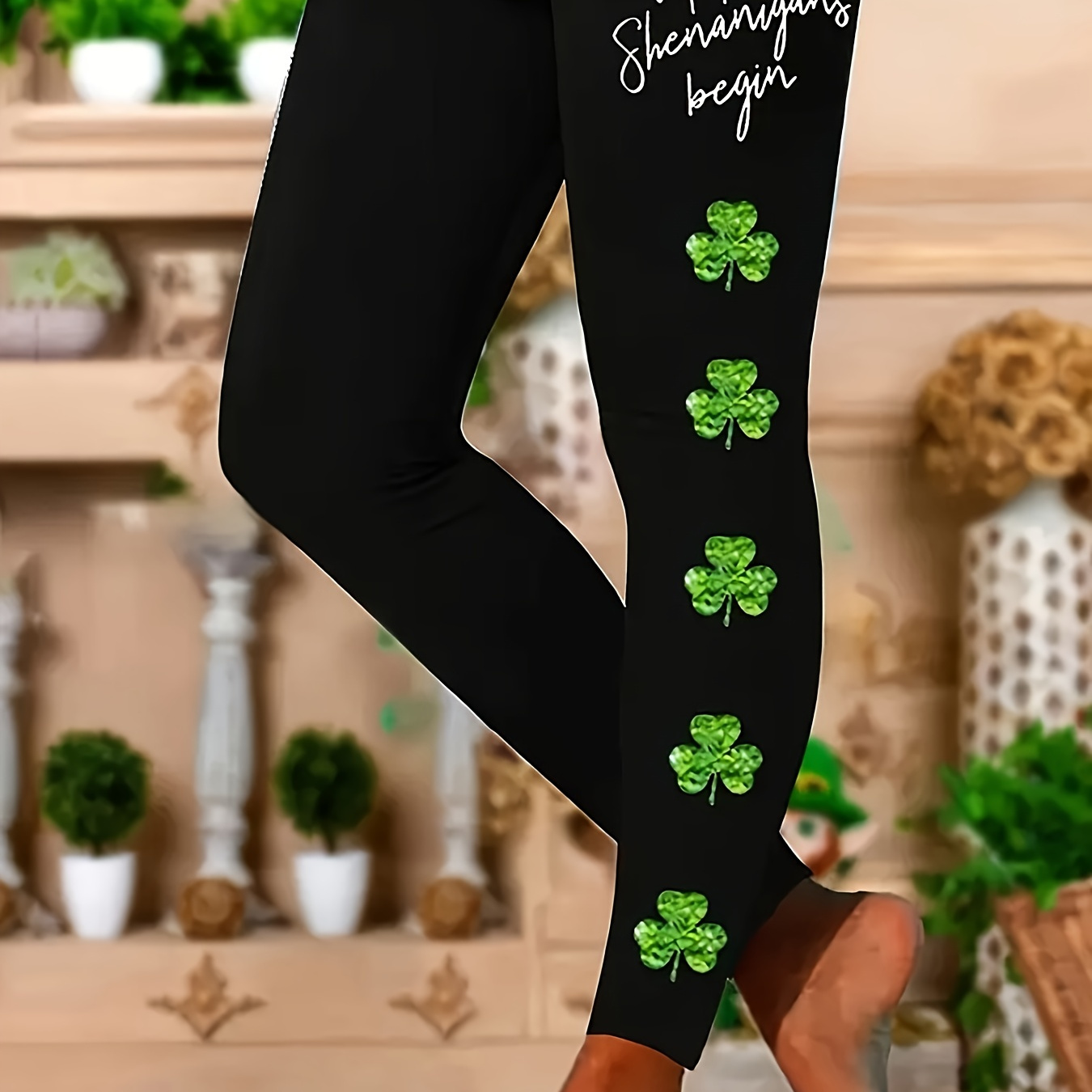 

's Day Clover Print High-waist Leggings, Casual Stretchy Women's Pants, Polyester - Machine Washable