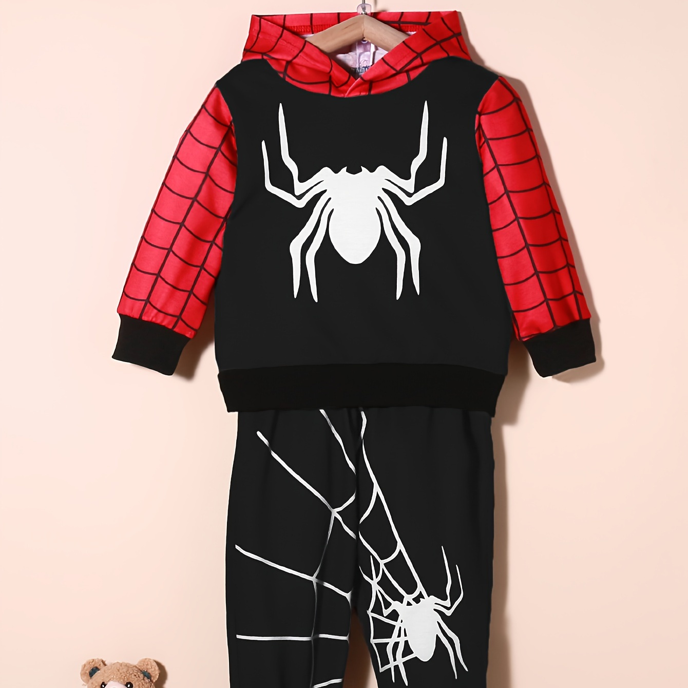 

2pcs Boy's Spider Pattern Outfit, Color Block Hoodie & Sweatpants Set, Spider Web Print Long Sleeve Top, Kid's Cool Clothes For Spring Fall, As Gift