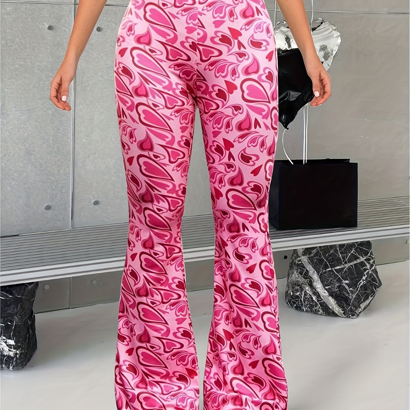 

Heart Print Flare Leg Pants, Y2k Forbidden Pants For Spring & Summer, Women's Clothing