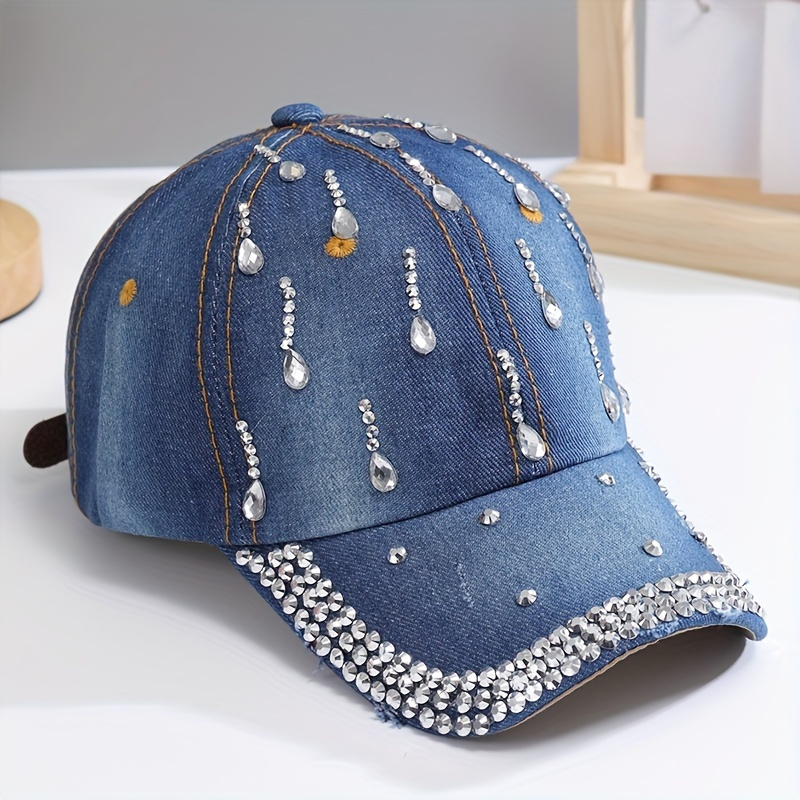 

Adjustable Sparkle Denim Baseball Cap With Accents And Ponytail Hole - Lightweight, Snapback Closure, Ideal Festival & Casual Wear, Hand Or Only, Baseball Cap