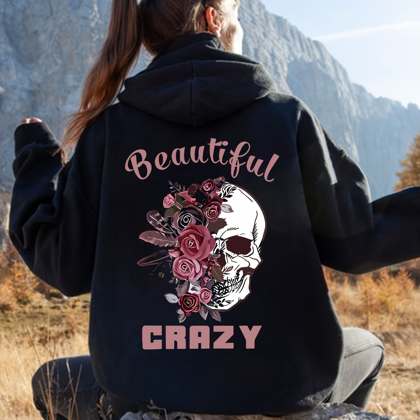 

Women's Casual Floral Skull Print Hoodie, Polyester Stretchy Pullover With Kangaroo Pocket, Fashionable Winter Sweatshirt For Adults